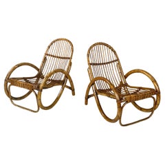 Fauteuils italiens modernes du milieu du siècle dernier avec accoudoirs en rotin incurvé, années 1960