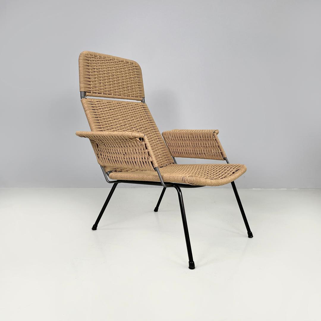 Mid-Century moderno Poltrone italiane di metà secolo moderno con struttura in metallo e corda beige, anni '60 in vendita