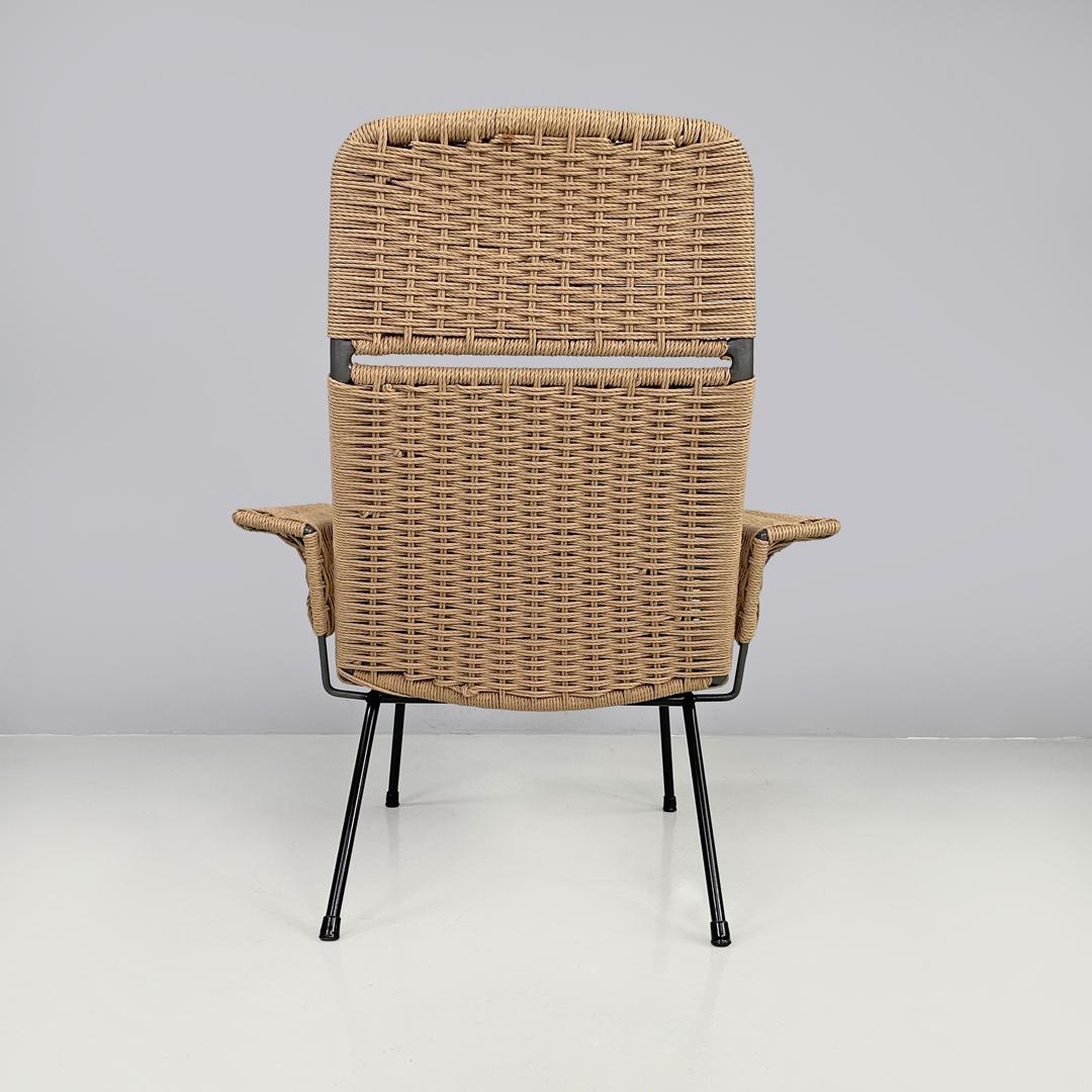 Metallo Poltrone italiane di metà secolo moderno con struttura in metallo e corda beige, anni '60 in vendita