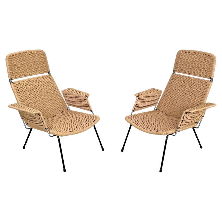 Italian mid-century modern armchairs with metal structure and beige rope, 1960s