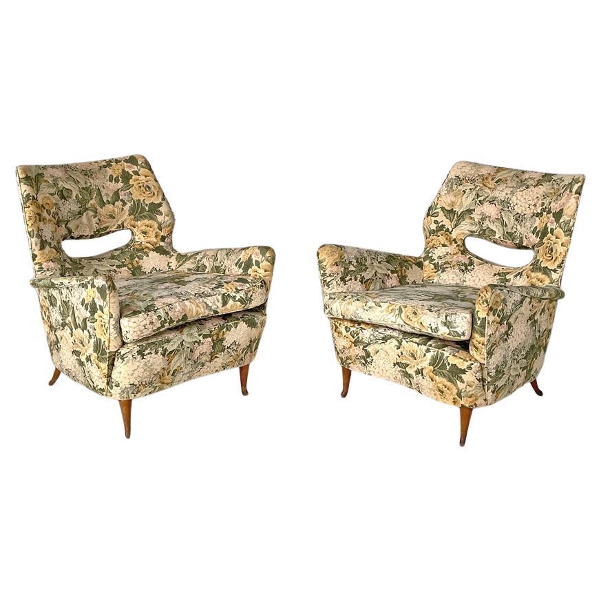 Italian mid-century modern armchairs with yellow floral pattern fabric, 1960s For Sale