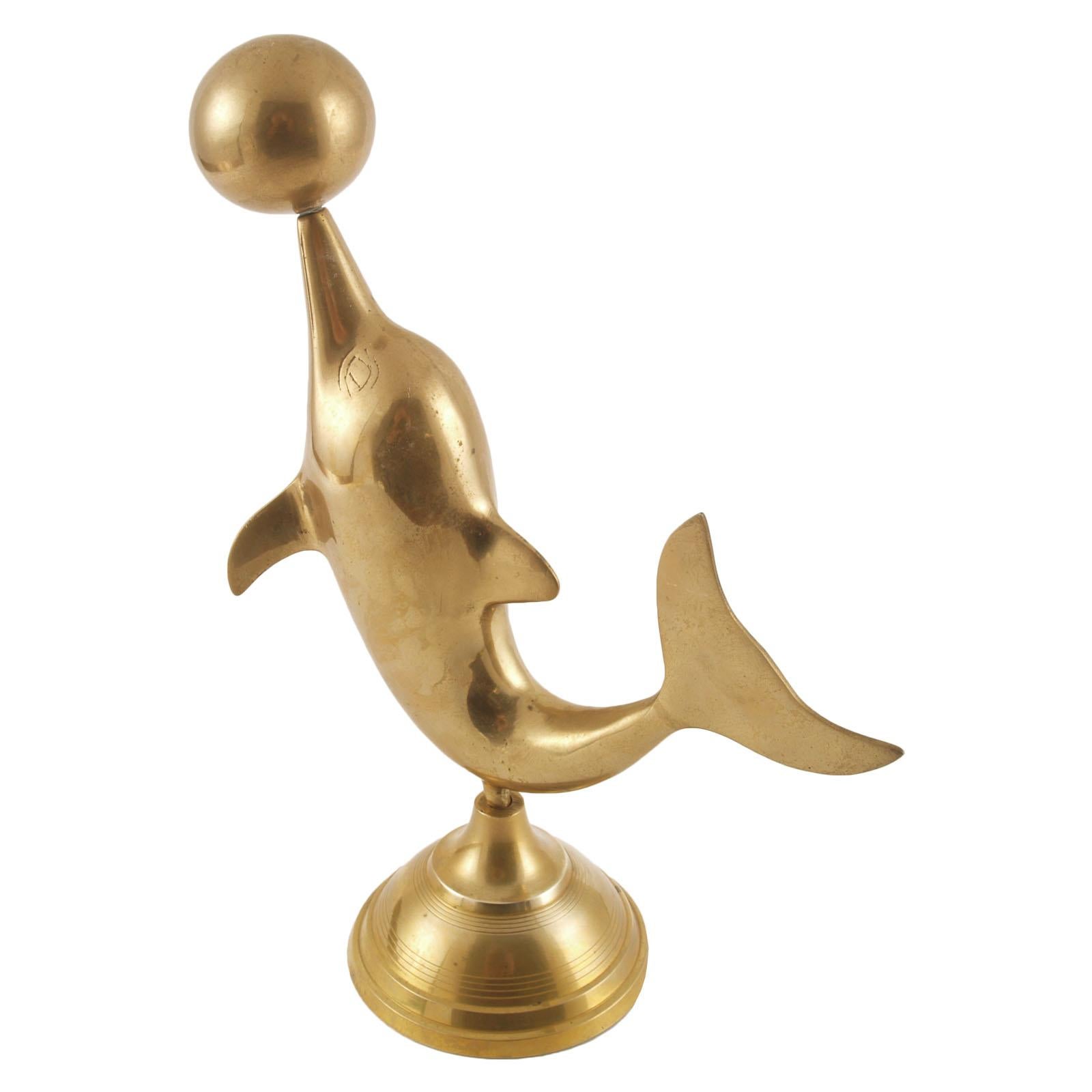 Italian age Art Deco dolphin statue in gilded brass.