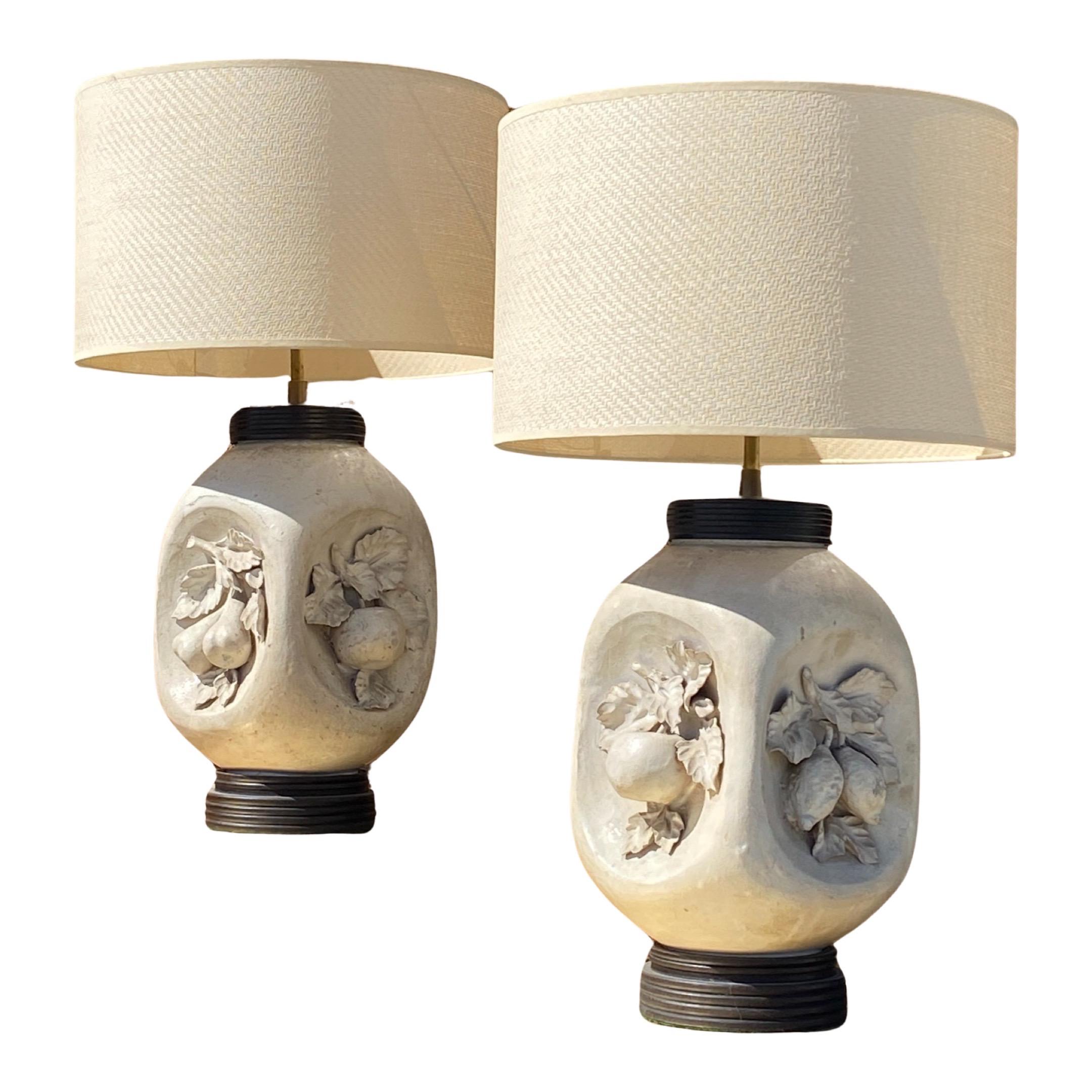 Italian Mid-Century Modern Artist Studio Made Matte Bisque Pottery Fruit Lamps For Sale 10