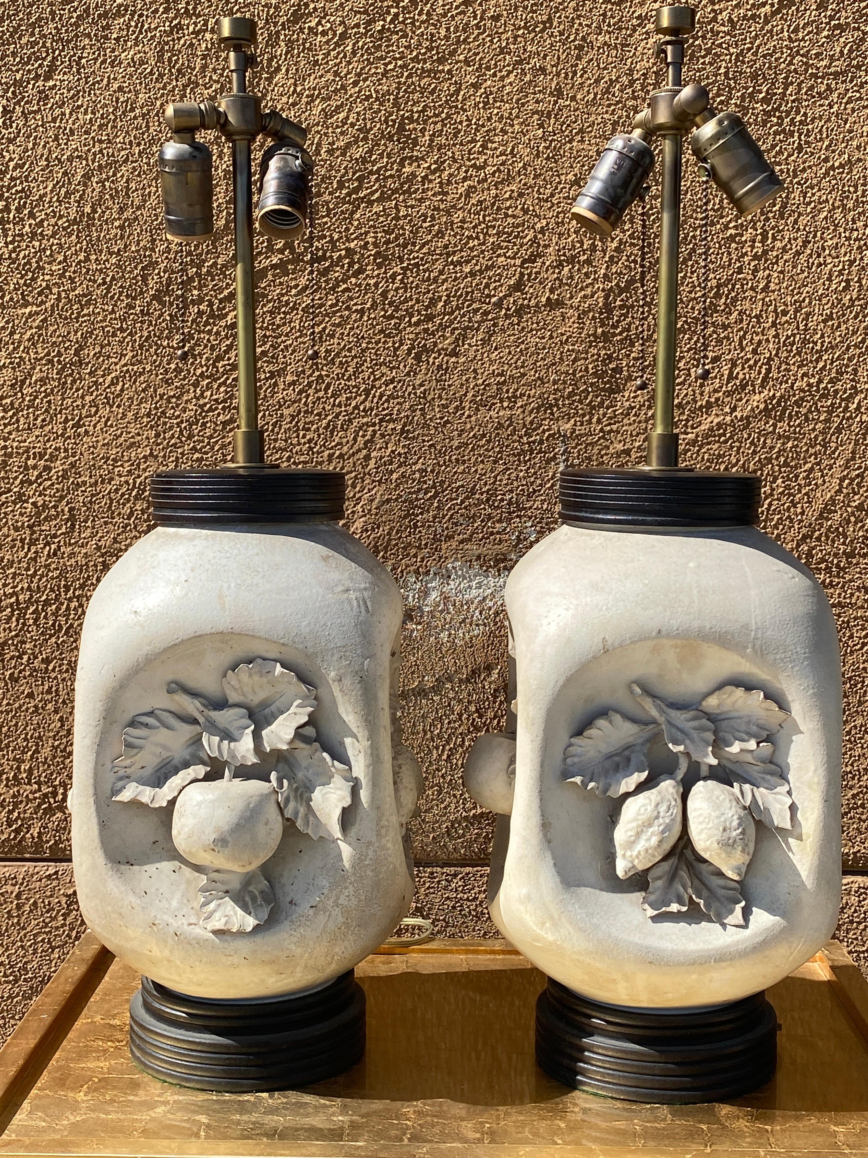 Hand-Crafted Italian Mid-Century Modern Artist Studio Made Matte Bisque Pottery Fruit Lamps For Sale