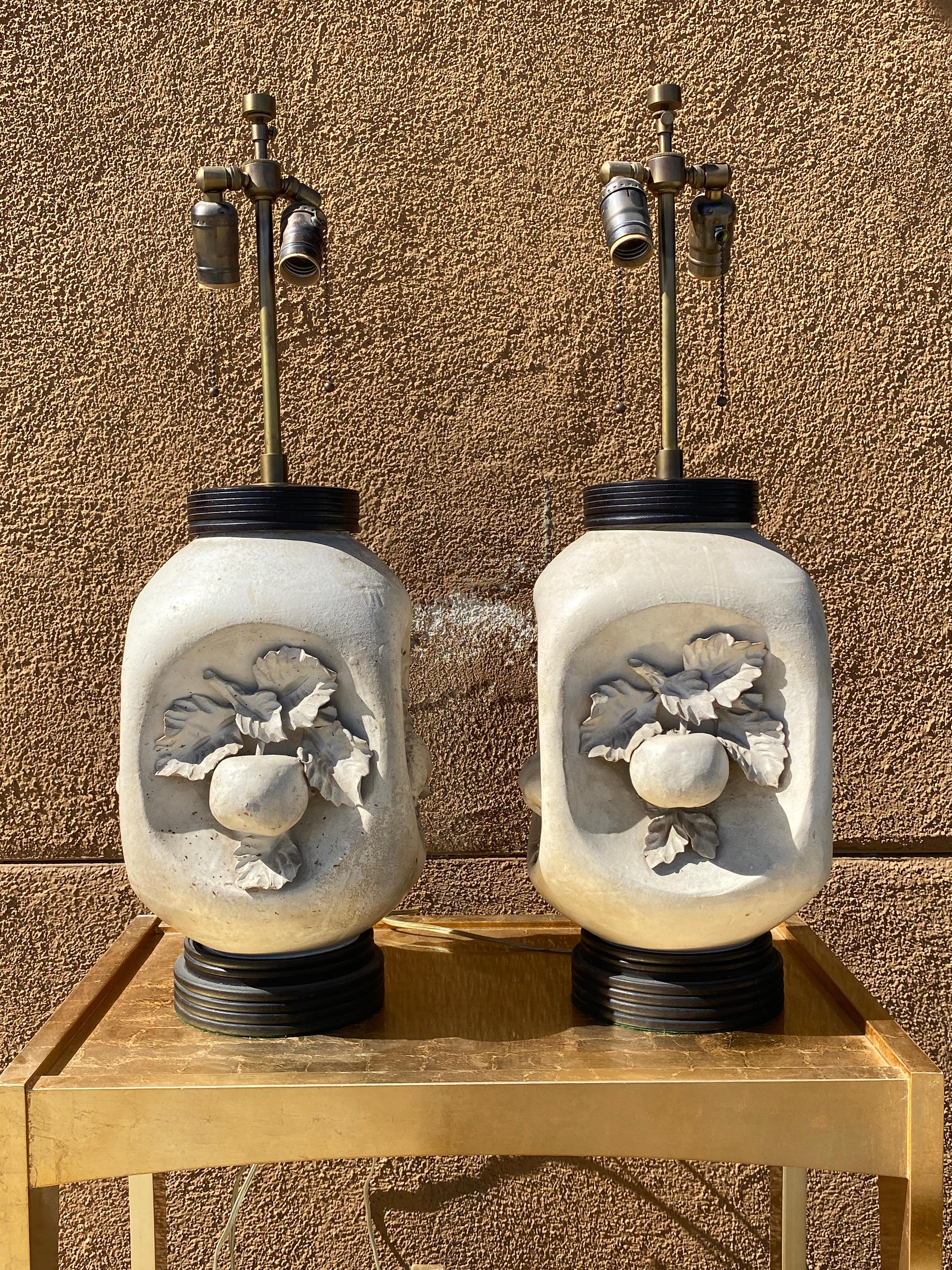 Italian Mid-Century Modern Artist Studio Made Matte Bisque Pottery Fruit Lamps In Good Condition For Sale In Palm Springs, CA