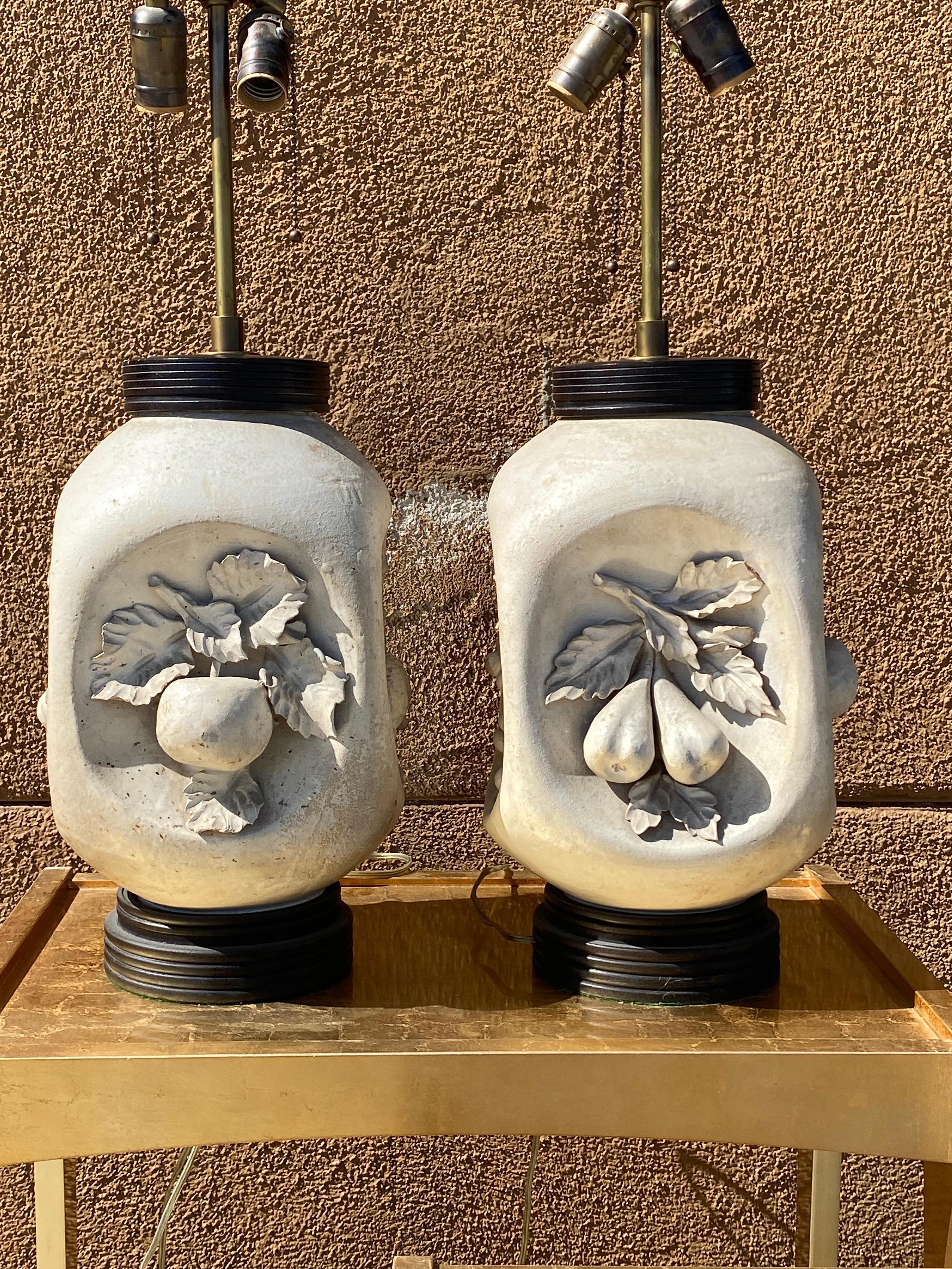 Ceramic Italian Mid-Century Modern Artist Studio Made Matte Bisque Pottery Fruit Lamps For Sale