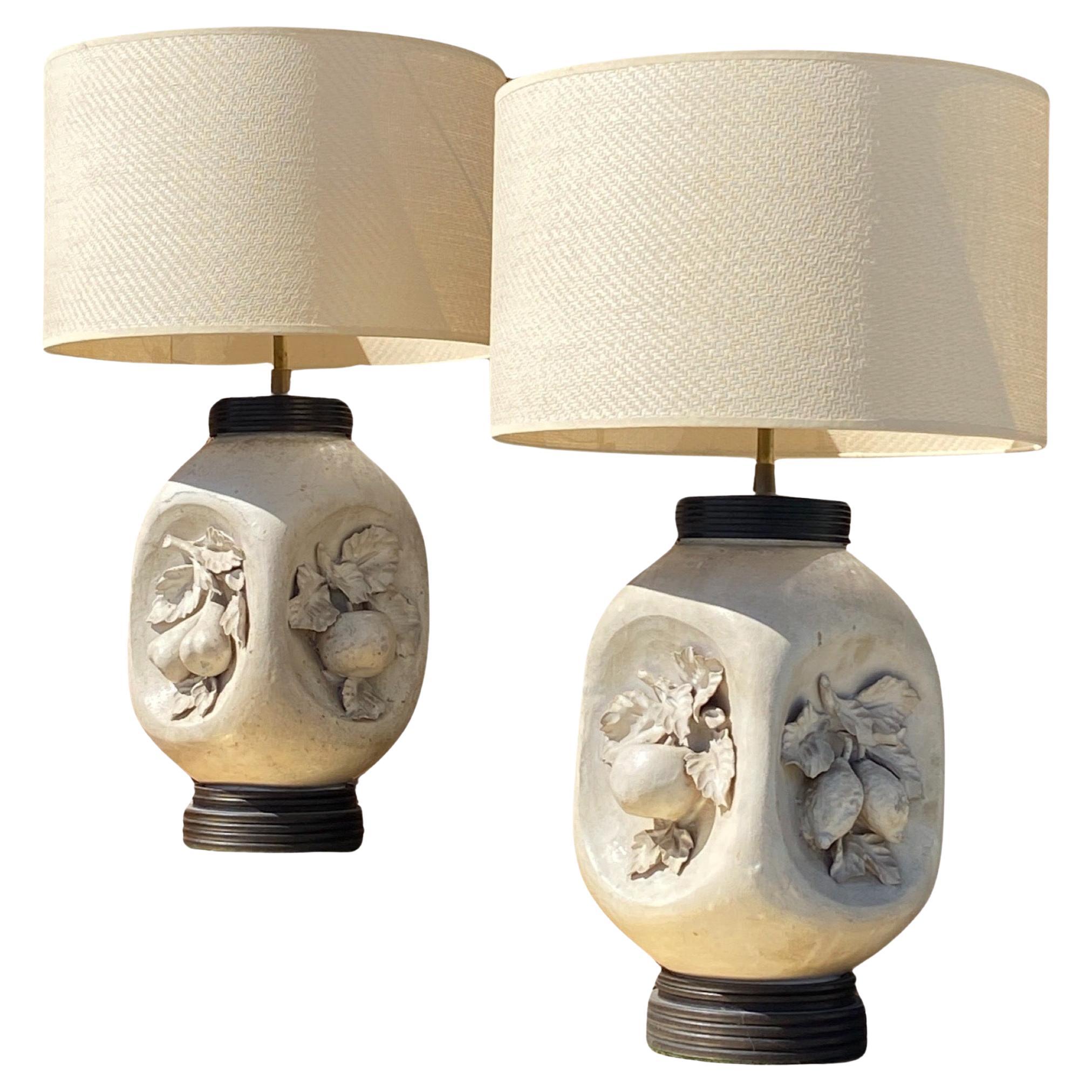 Italian Mid-Century Modern Artist Studio Made Matte Bisque Pottery Fruit Lamps For Sale