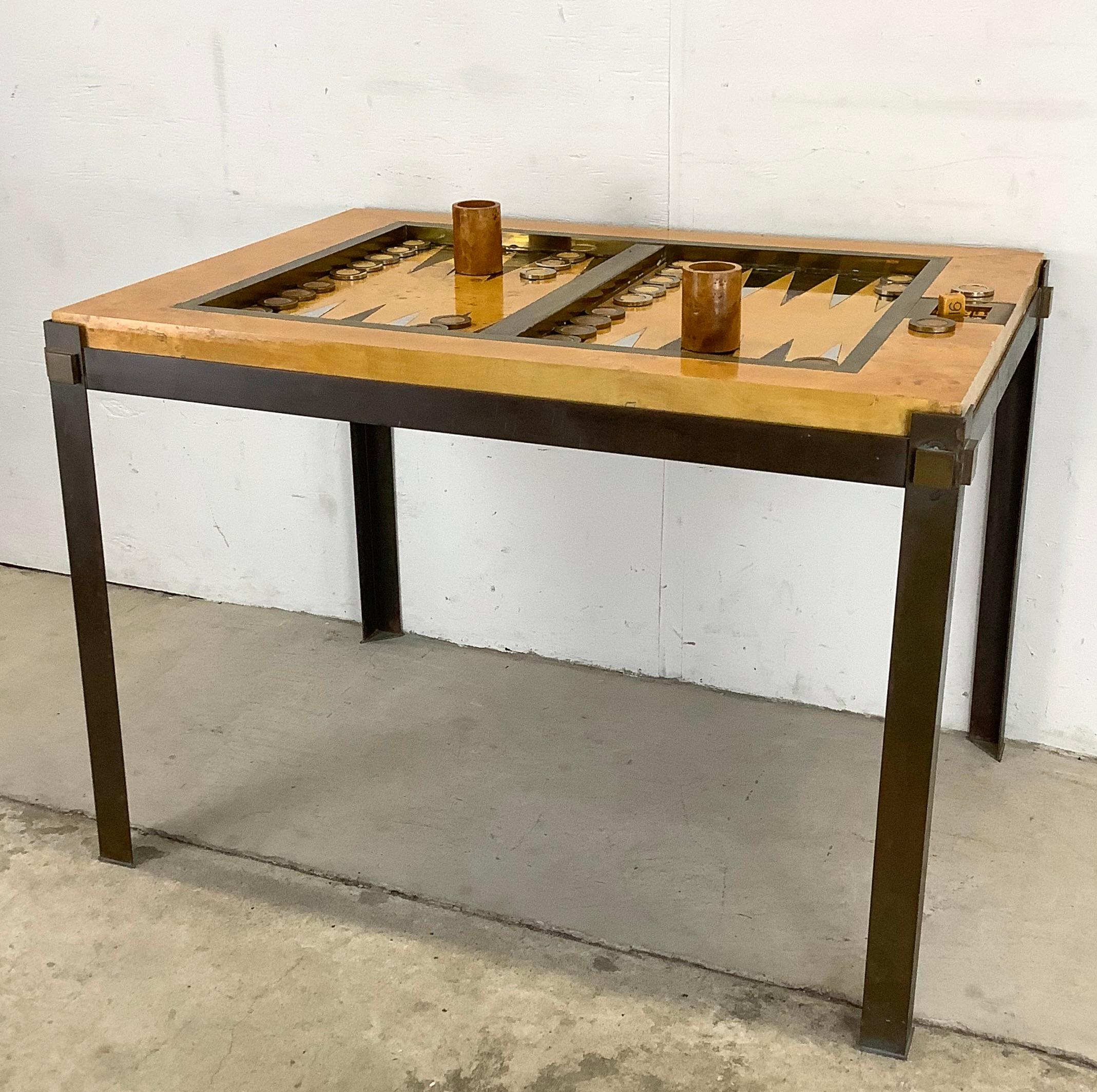 Elevate your living space with the Tommaso Barbi Brass and Burl Wood Backgammon Game Table with clear lucite table top. This exquisite Italian design from the 1960s combines functionality and artistic craftsmanship, making it a true statement piece