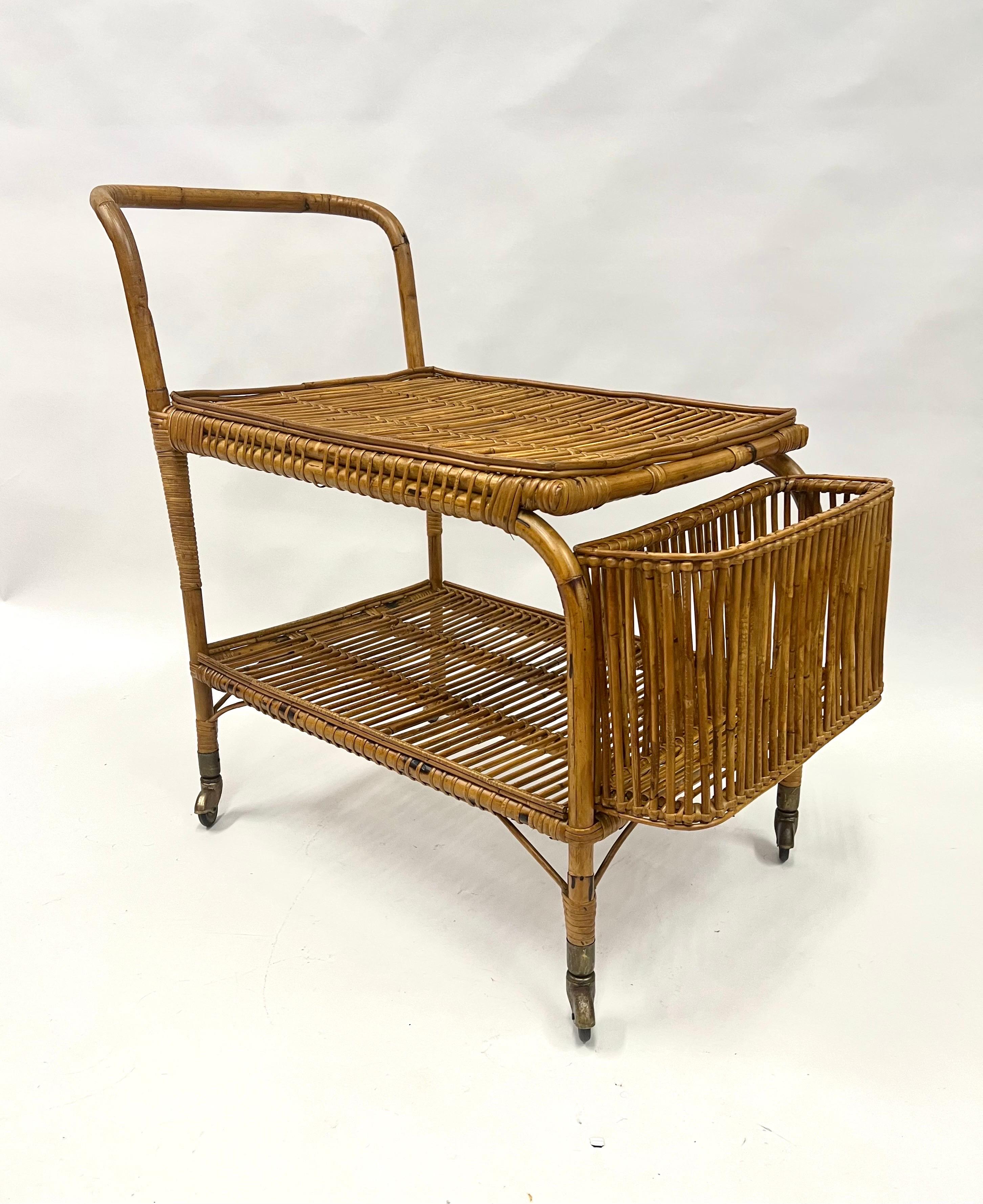 Italian Mid-Century Modern Bamboo and Rattan Bar / Serving Cart by Franco Albini For Sale 4