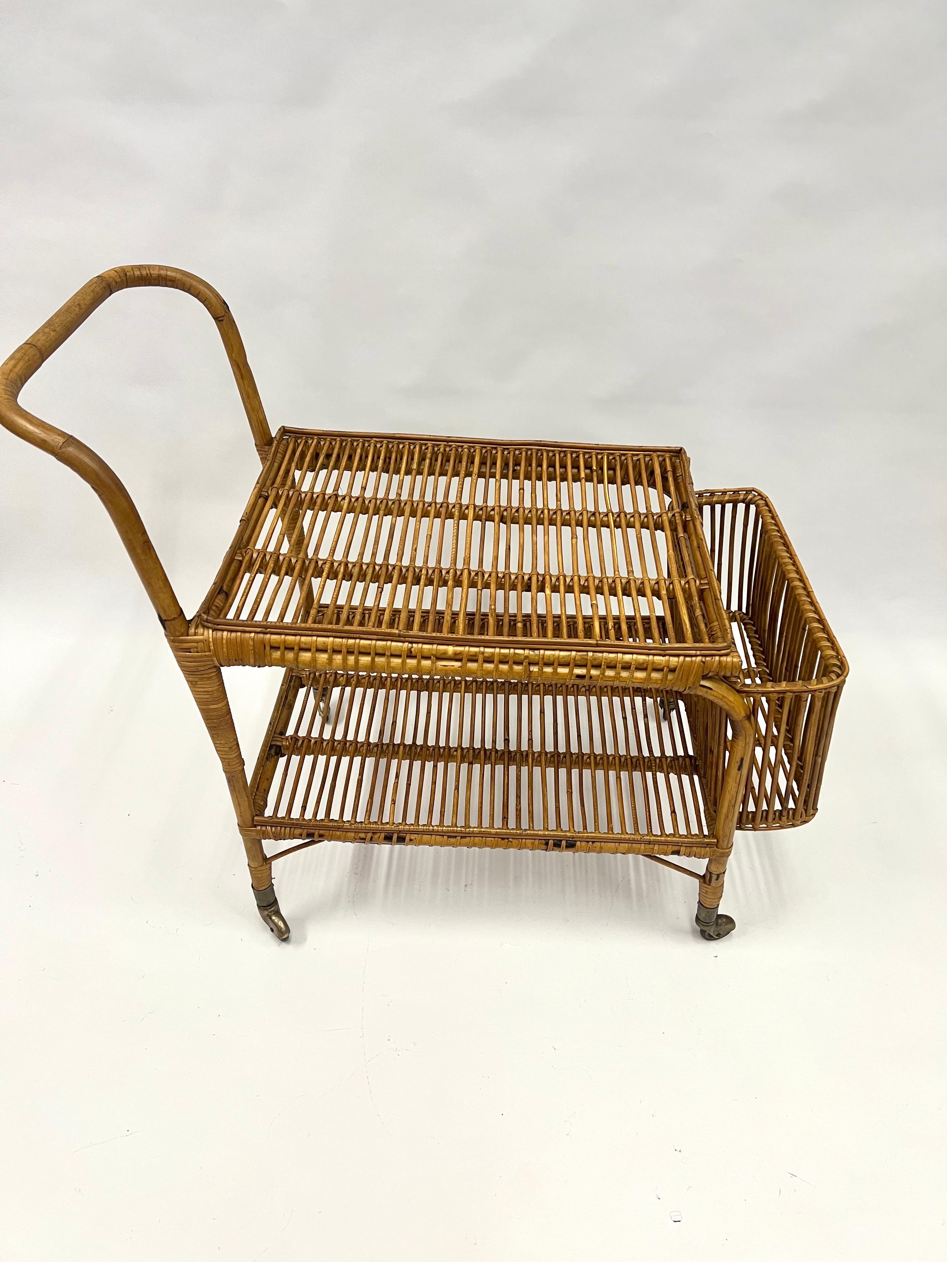 Italian Mid-Century Modern Bamboo and Rattan Bar / Serving Cart by Franco Albini For Sale 5