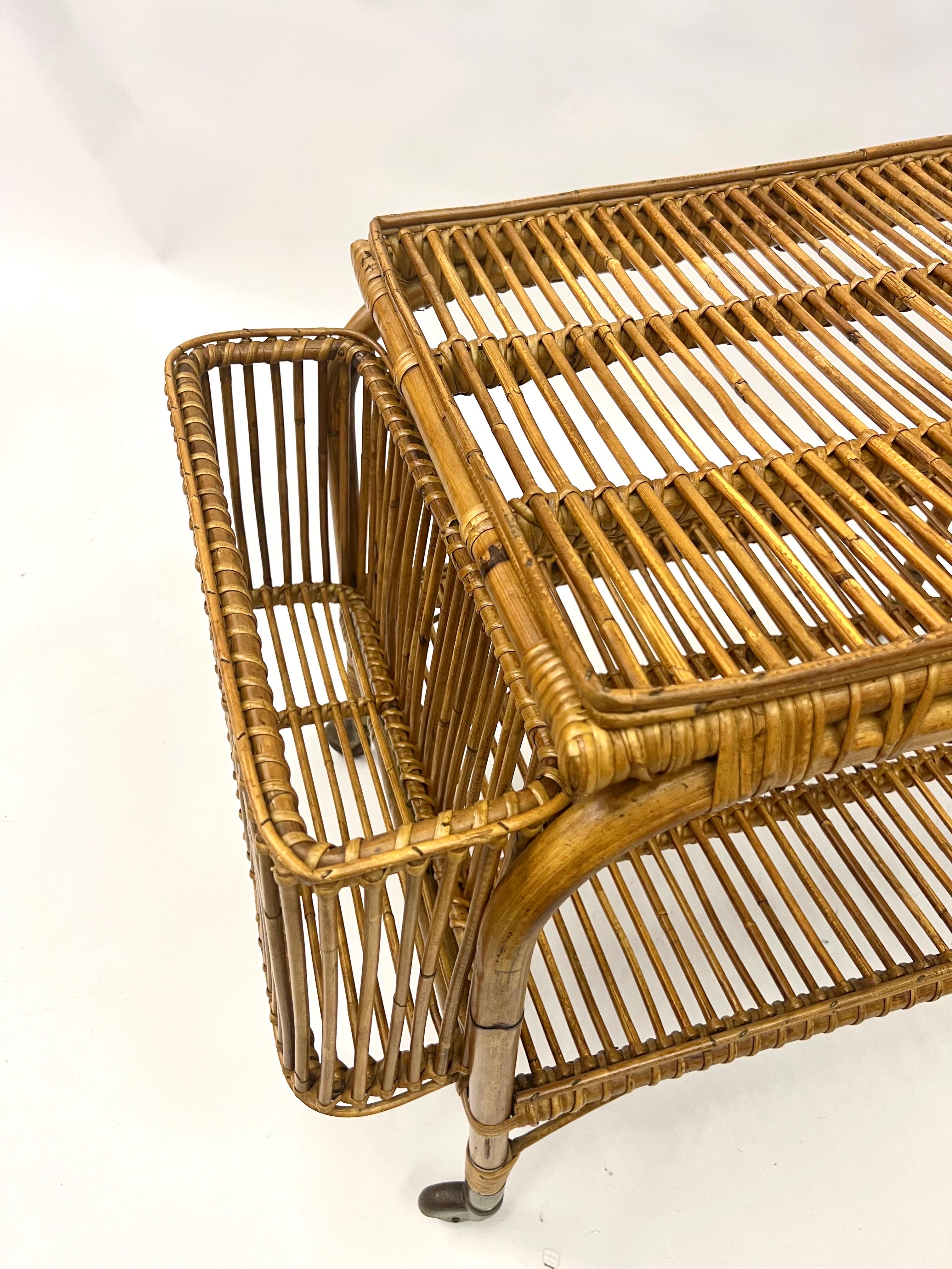 Italian Mid-Century Modern Bamboo and Rattan Bar / Serving Cart by Franco Albini For Sale 8