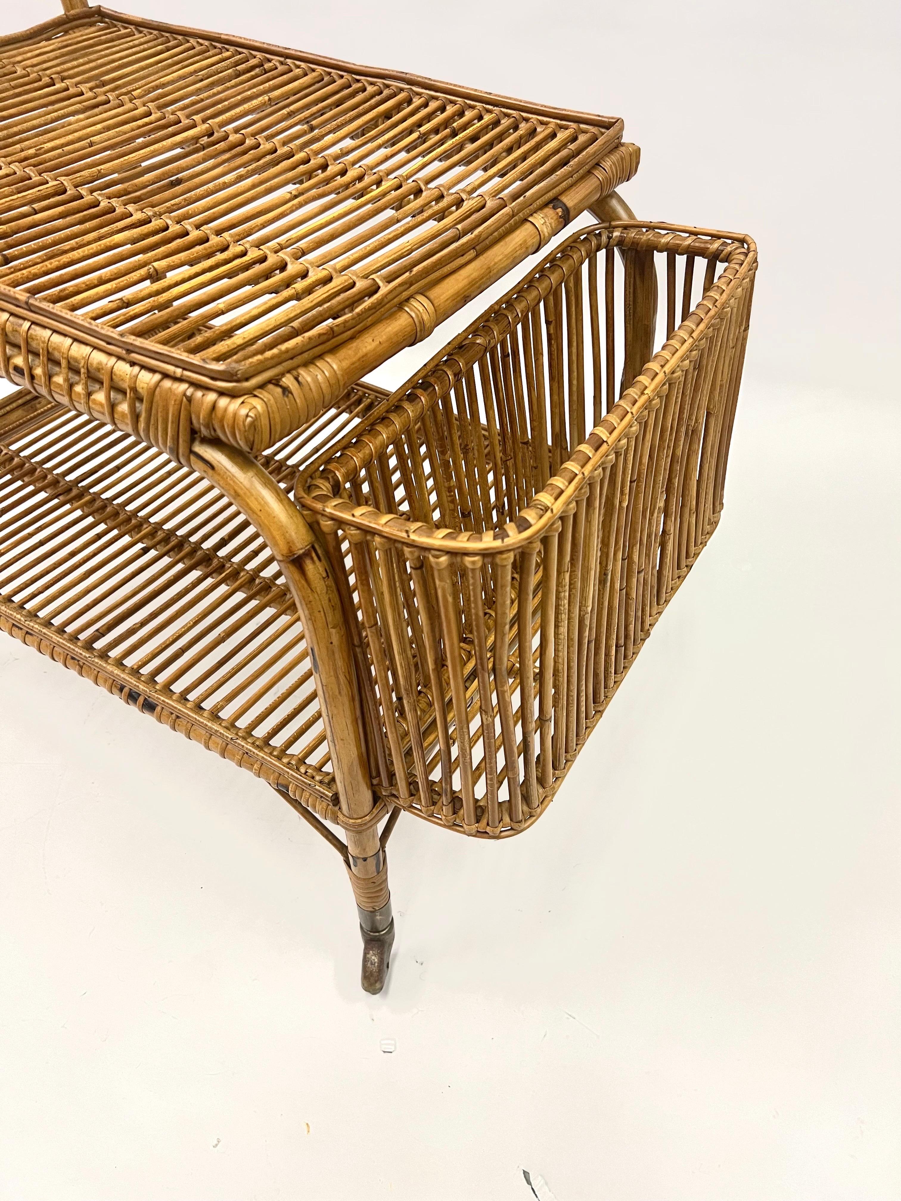 Italian Mid-Century Modern Bamboo and Rattan Bar / Serving Cart by Franco Albini For Sale 9