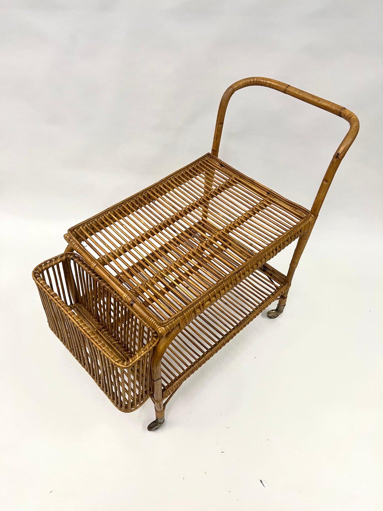 Italian Mid-Century Modern Bamboo and Rattan Bar / Serving Cart by Franco Albini In Good Condition For Sale In New York, NY