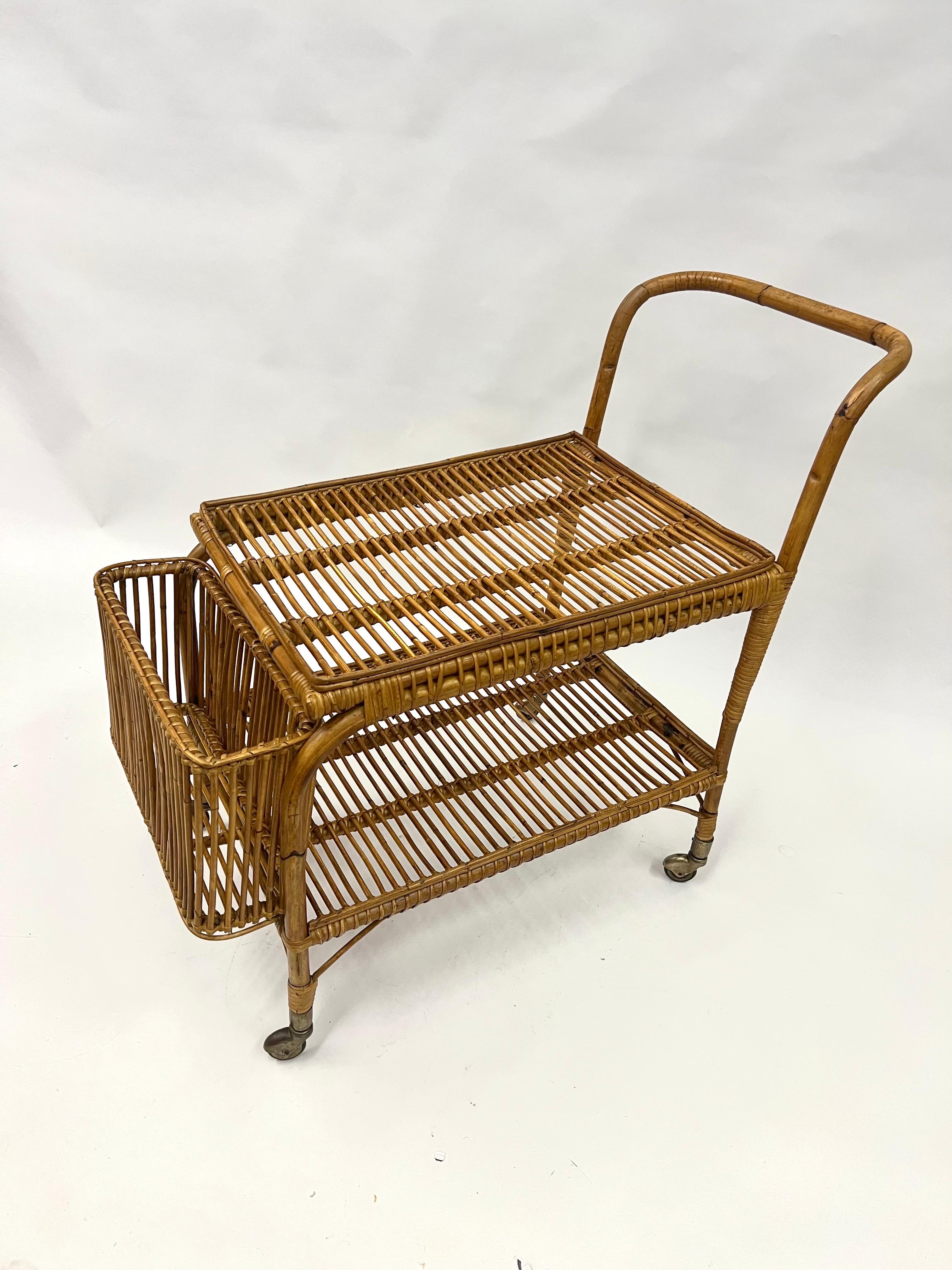 Italian Mid-Century Modern Bamboo and Rattan Bar / Serving Cart by Franco Albini In Good Condition For Sale In New York, NY