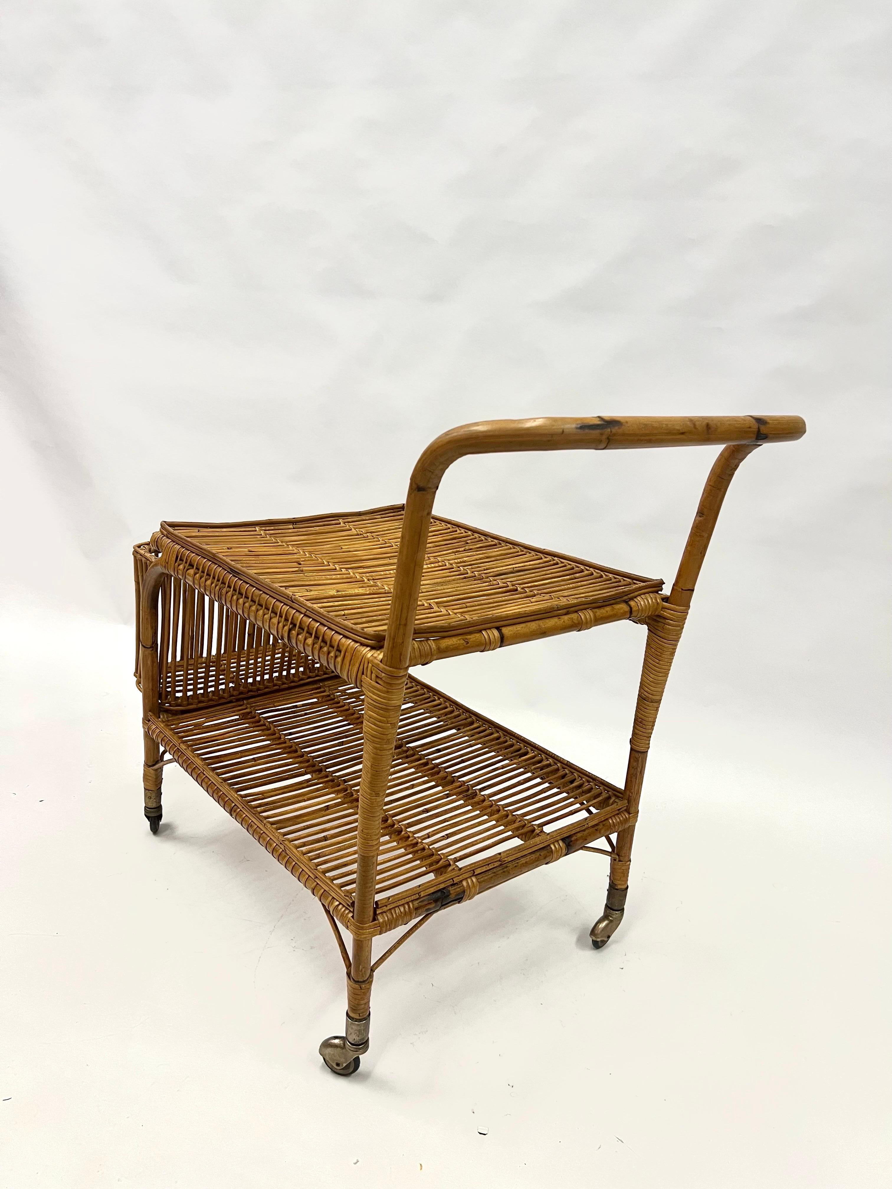 Italian Mid-Century Modern Bamboo and Rattan Bar / Serving Cart by Franco Albini For Sale 1