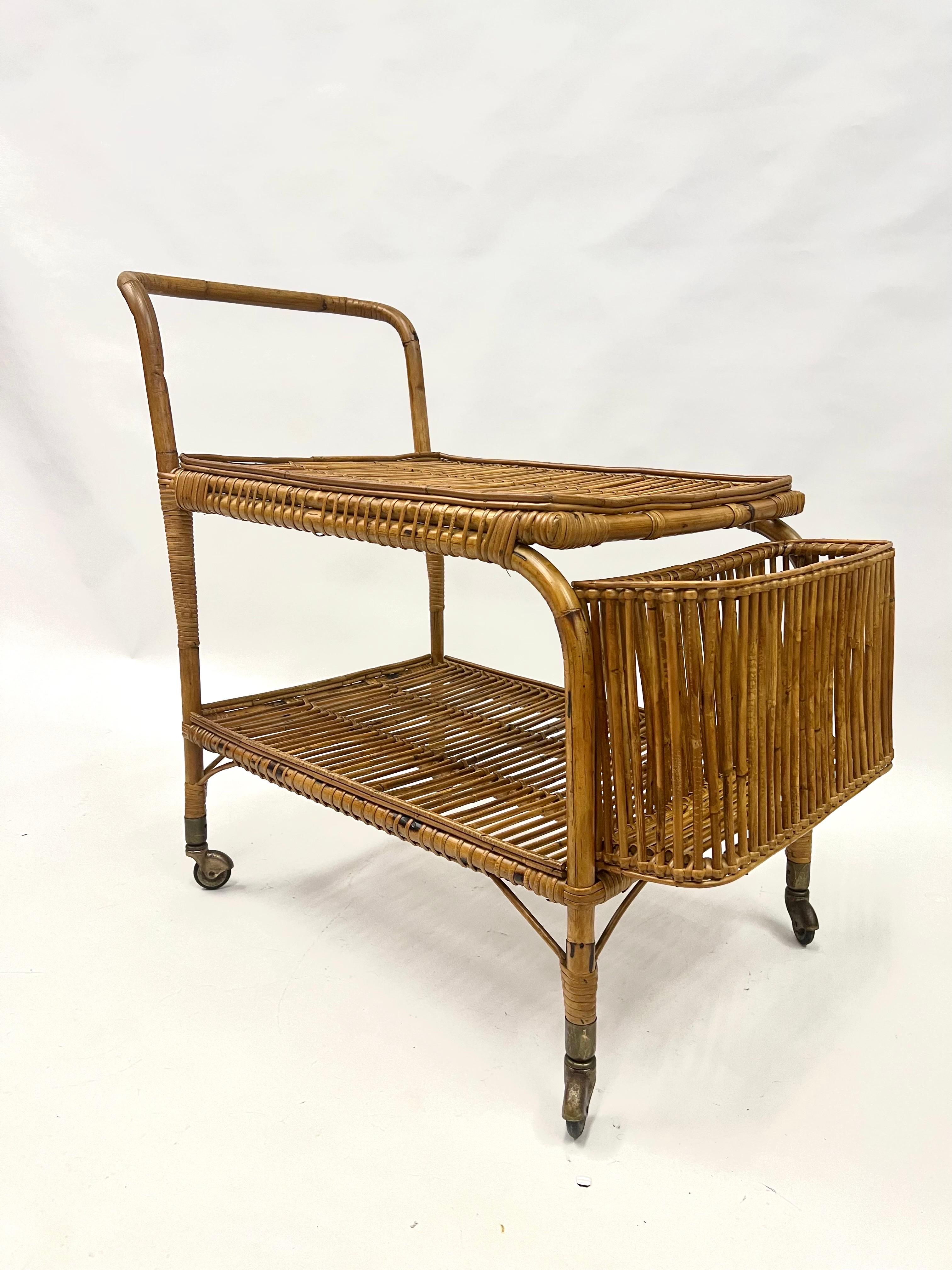 Italian Mid-Century Modern Bamboo and Rattan Bar / Serving Cart by Franco Albini For Sale 3
