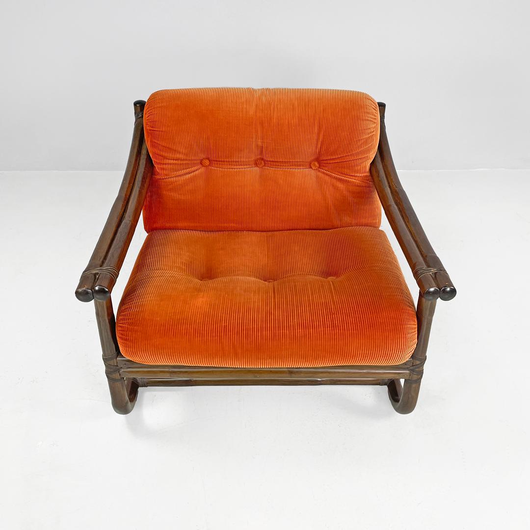 Sillones modernos italianos de bambú cojines naranja Tito Agnoli para Bonacina, años 70 finales del siglo XX en venta