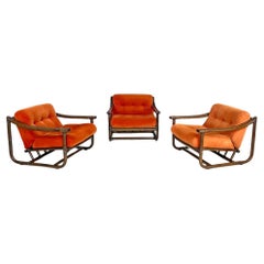 Italian modern bamboo armchairs orange cushions Tito Agnoli for Bonacina, 1970s