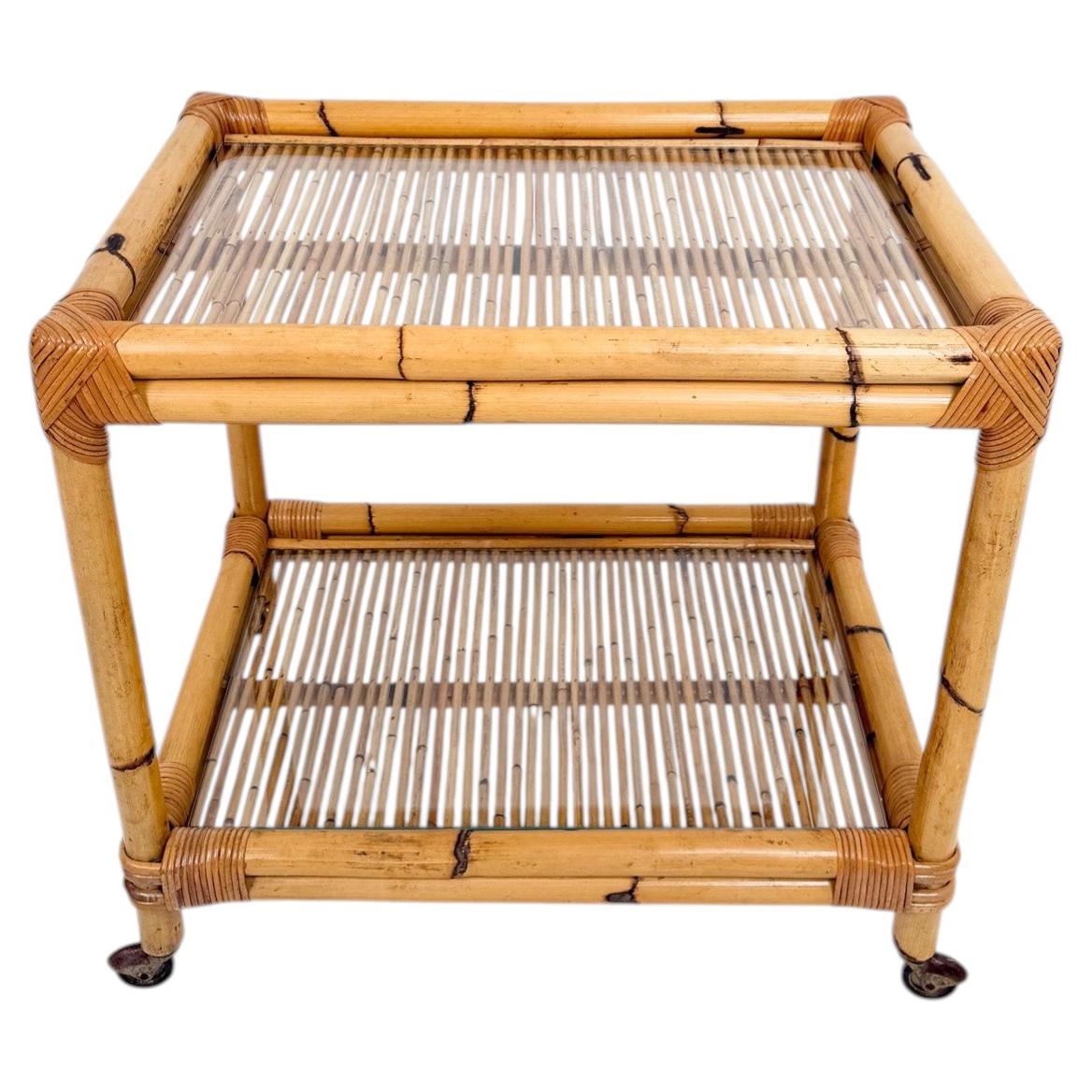 Italian Mid-Century Modern Bamboo Cane and Rattan Bar Cart, 1970s