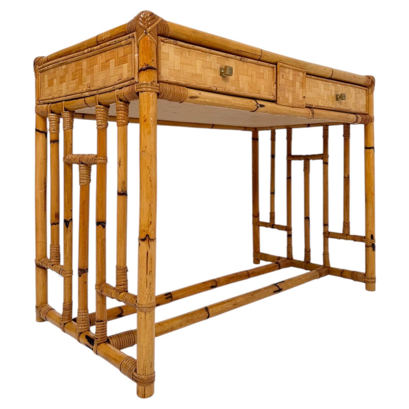 Italian Mid-Century Modern Bamboo, Cane and Rattan Console Desk, 1970s