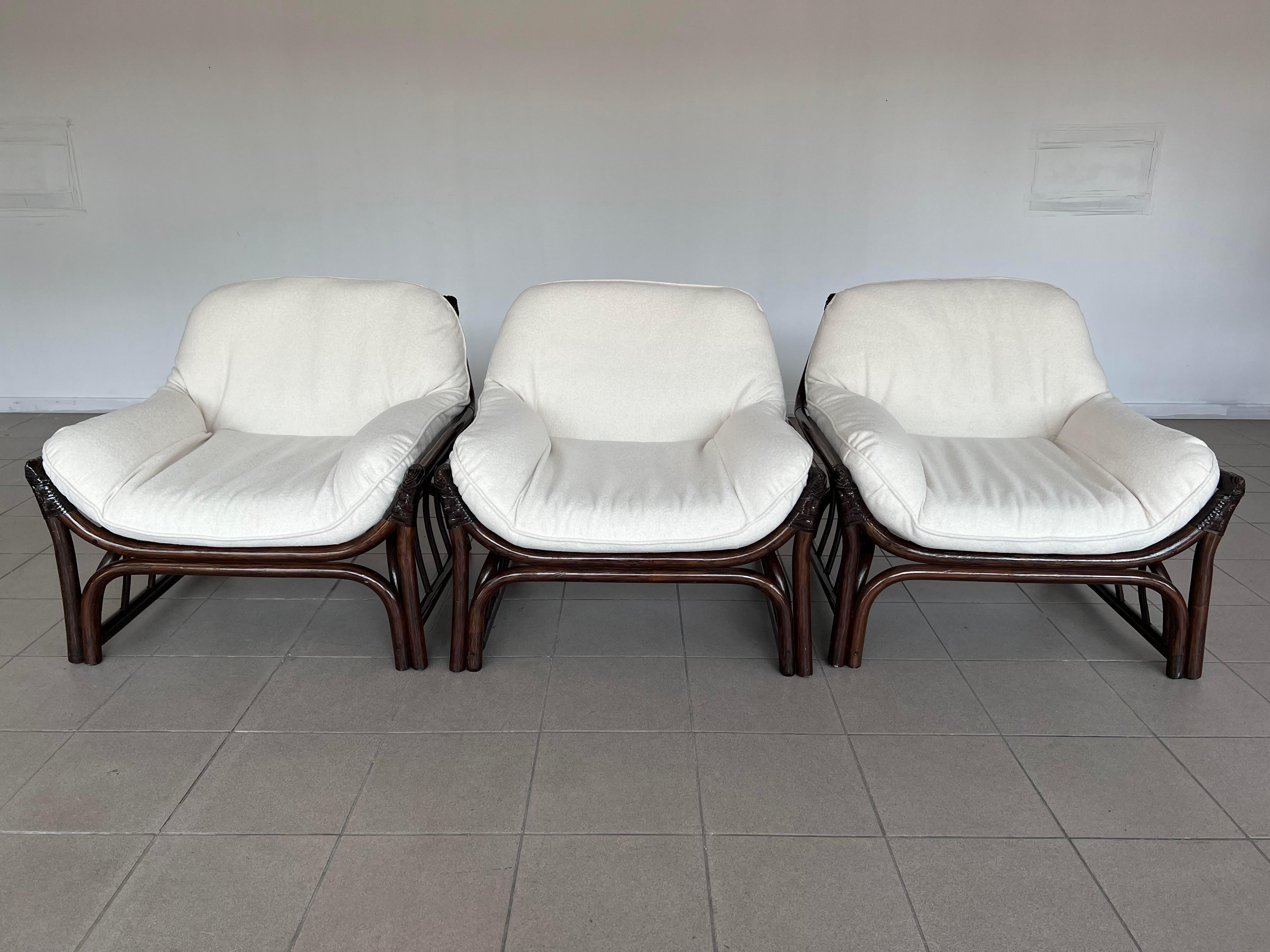 Italian Mid-Century Modern Bamboo Lounge Armchairs Reupholstered - Set of 3 In Good Condition In Bridgeport, CT