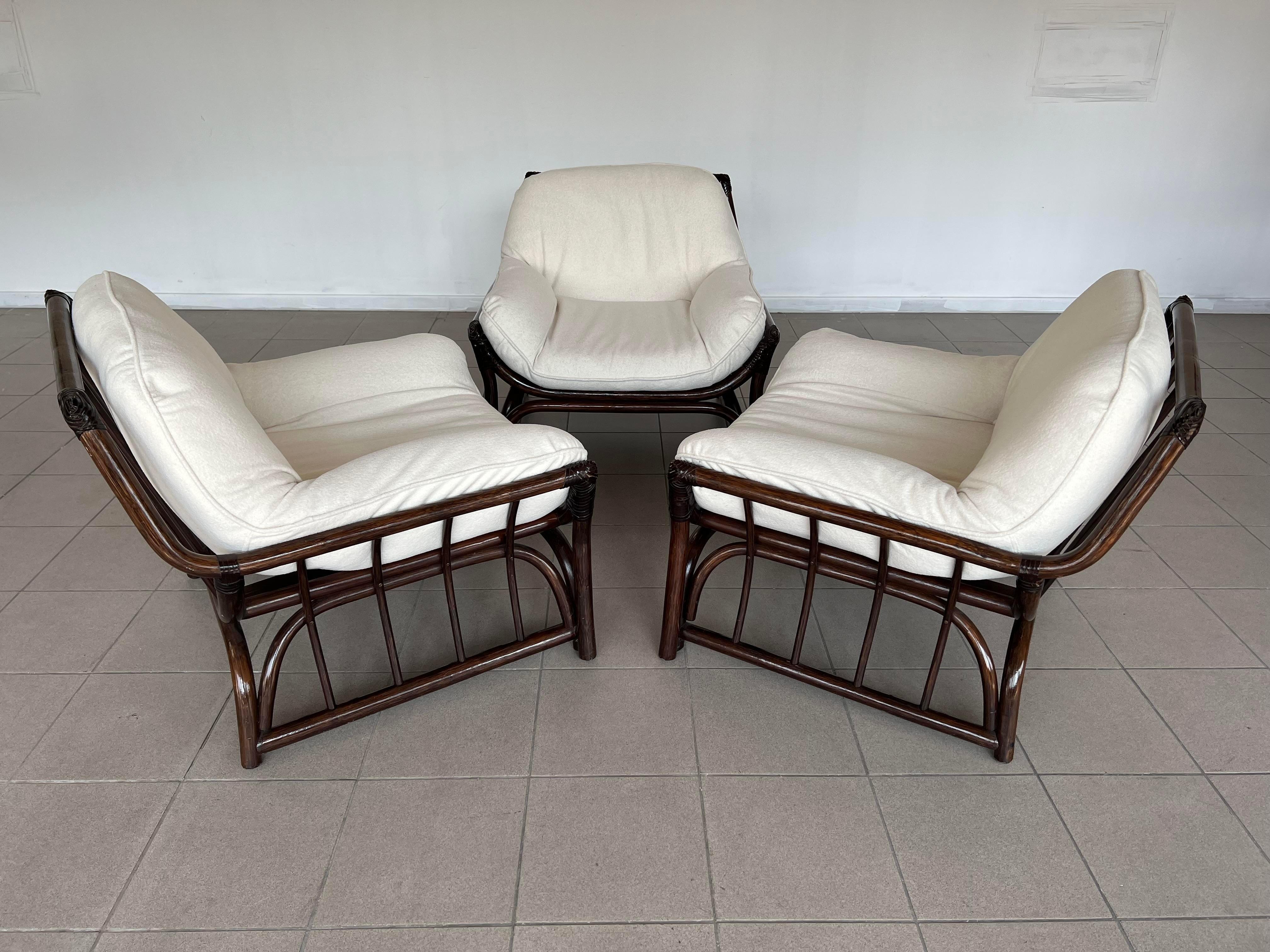 Italian Mid-Century Modern Bamboo Lounge Armchairs Reupholstered - Set of 3 3