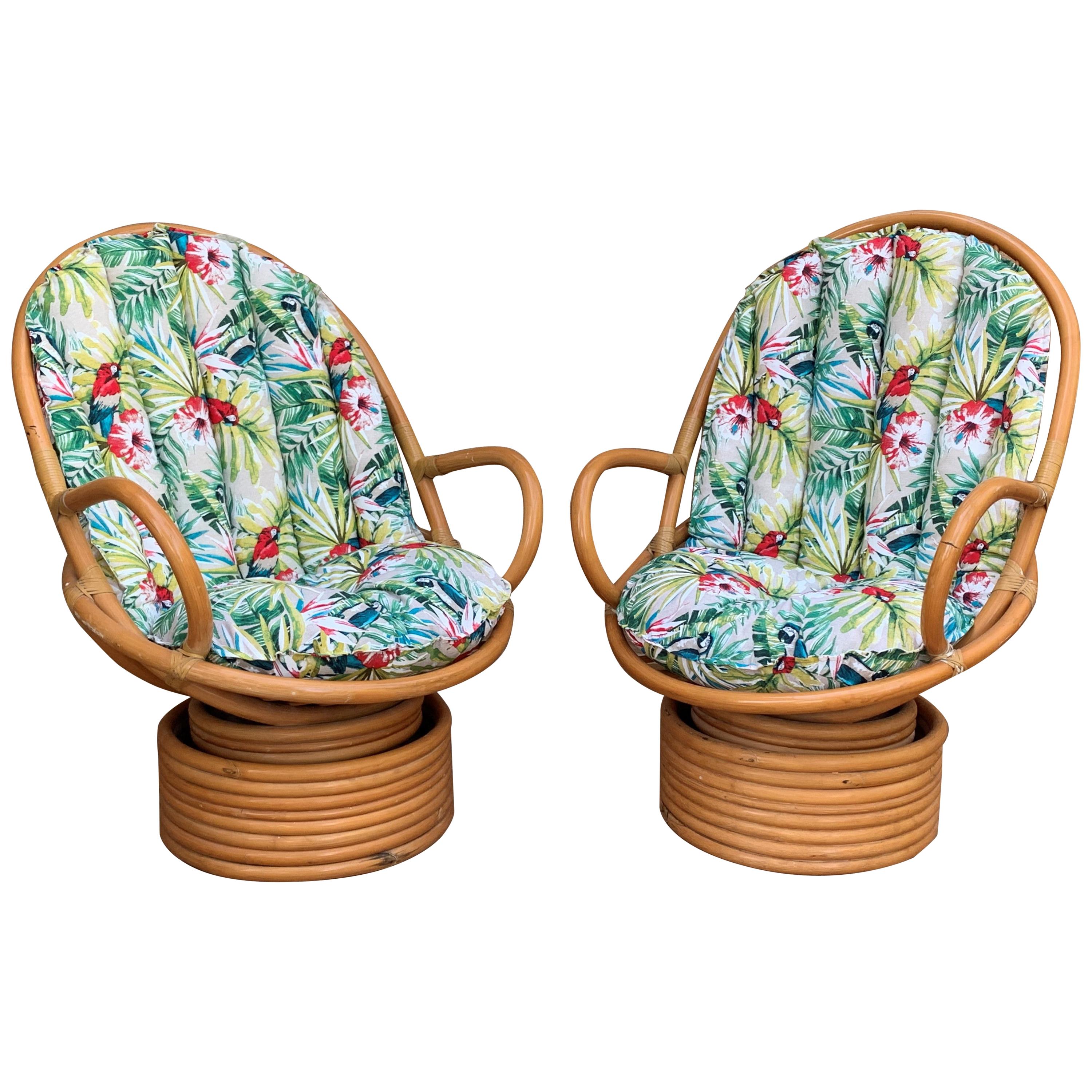 Italian Mid-Century Modern Bamboo Pair of Lounge Rotative Armchairs with Cushion