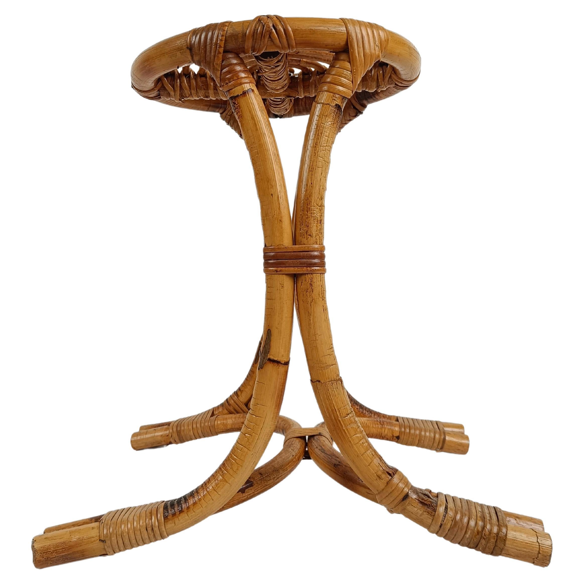 Italian Mid-Century Modern Bamboo Rattan and Cane Stool, 1960s  For Sale
