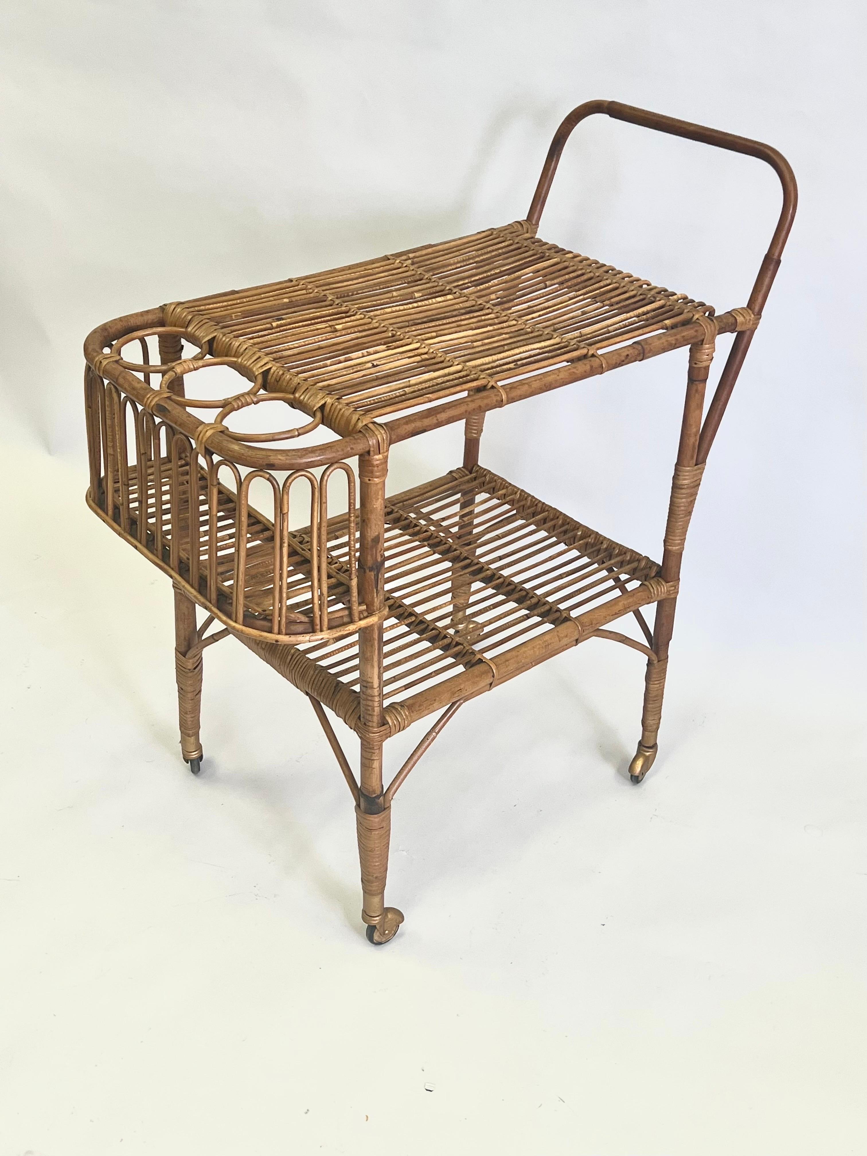 Italian Mid-Century Modern Bamboo & Rattan Bar Cart by Franco Albini In Good Condition For Sale In New York, NY