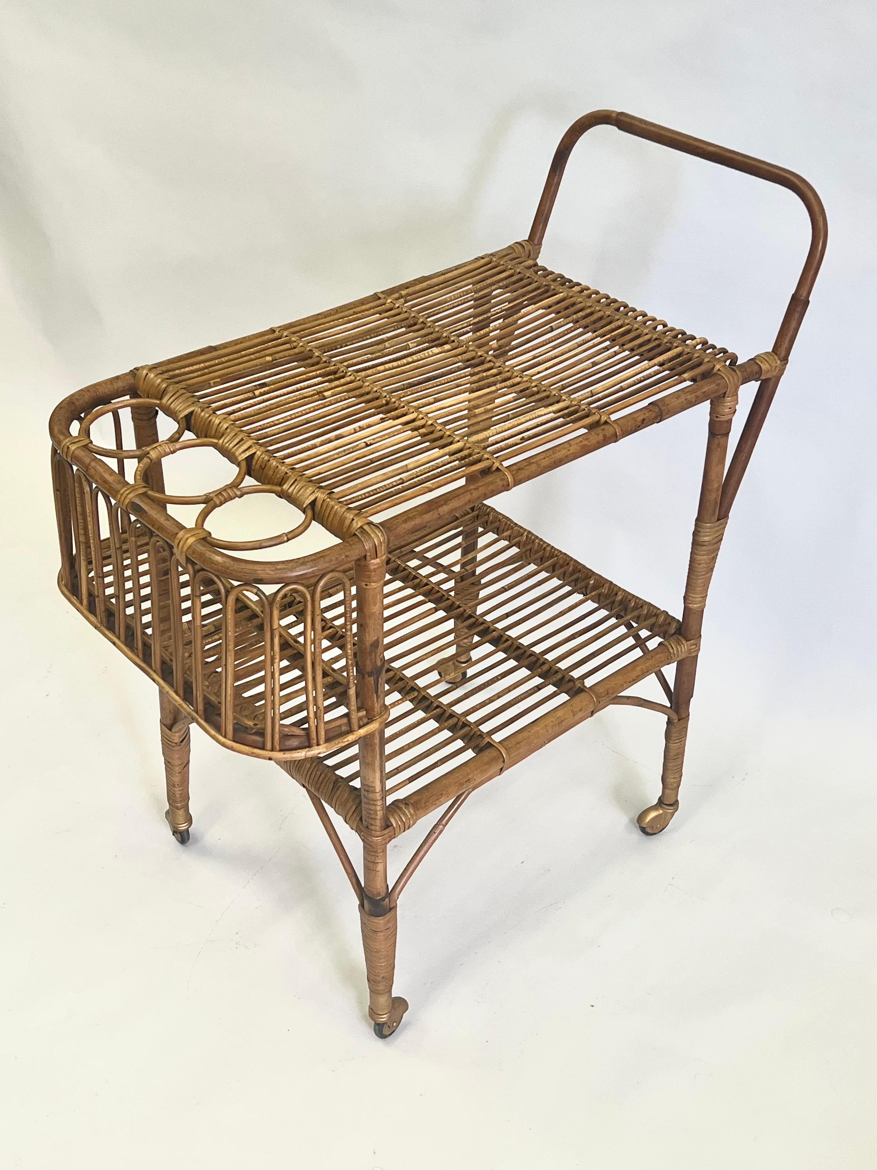 20th Century Italian Mid-Century Modern Bamboo & Rattan Bar Cart by Franco Albini For Sale