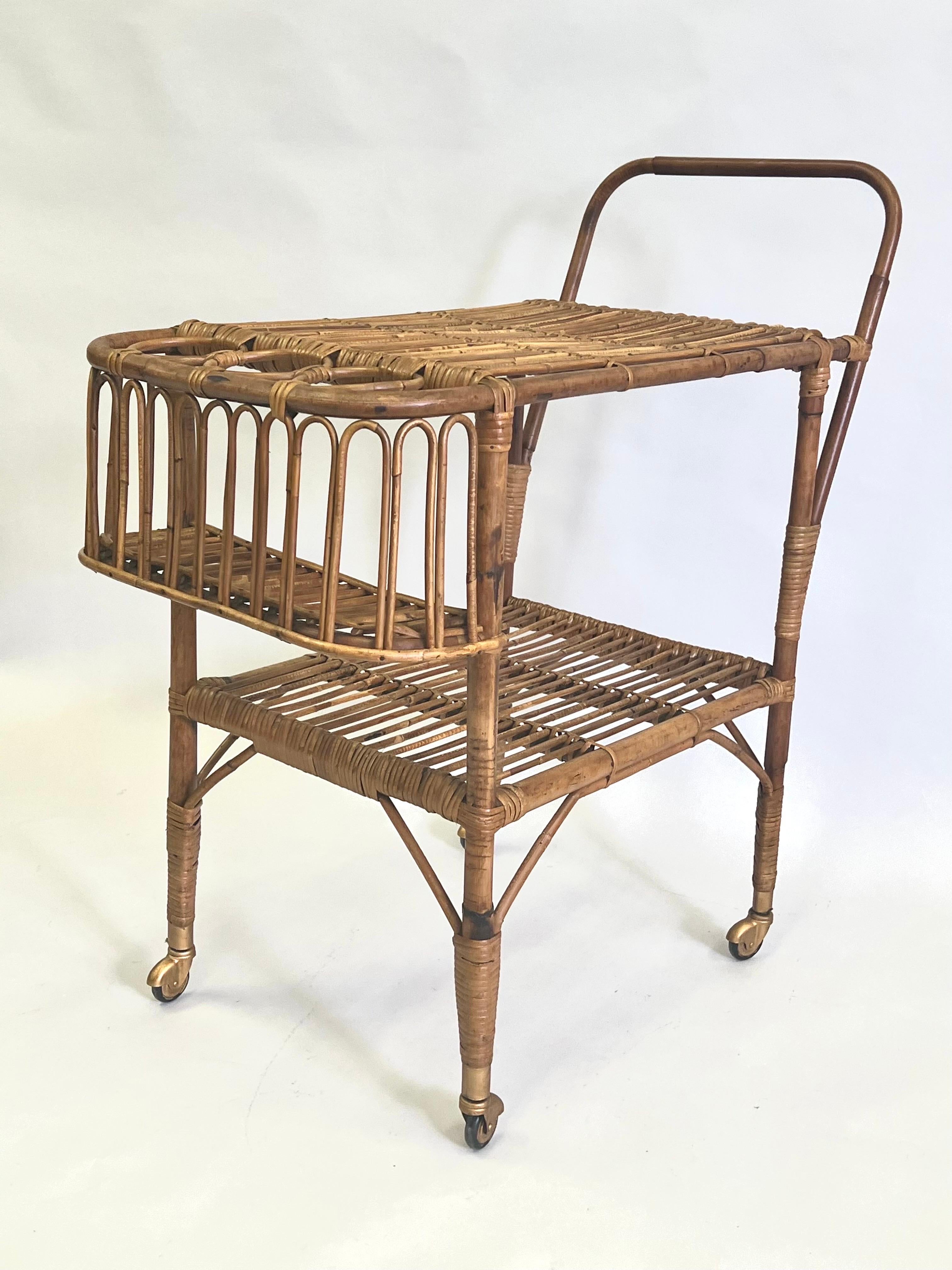 Italian Mid-Century Modern Bamboo & Rattan Bar Cart by Franco Albini For Sale 2