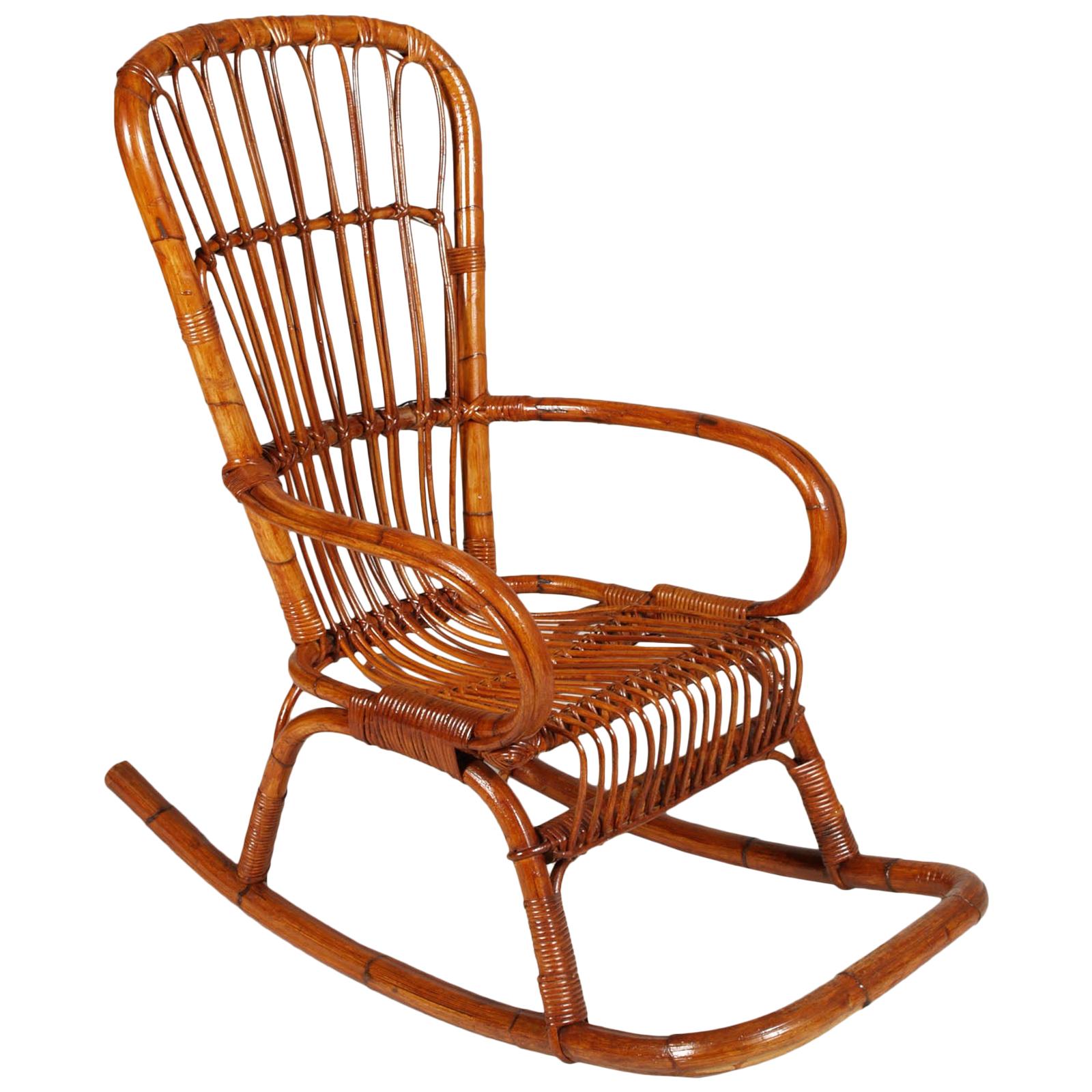 Italian Mid-Century Modern Bamboo Rocking Chair , Bonaccina attributed For Sale