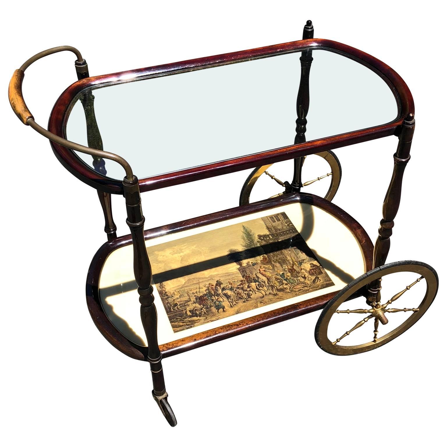 Walnut Italian Mid-Century Modern Bar Cart and Trolley, in the style of Cesare Lacca  For Sale