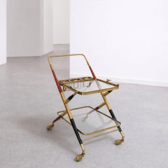 Italian Mid Century Modern Trolley Bar Cart Brass Glass by Cesare Lacca, 1950s