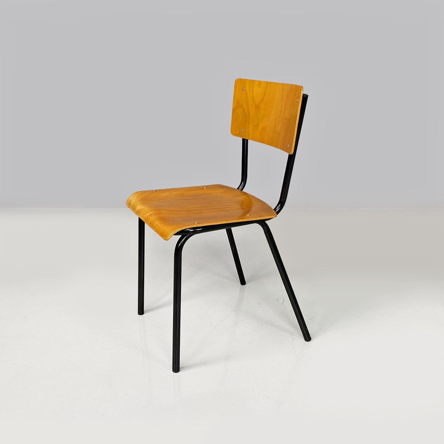 Mid-Century Modern Italian mid-century modern beech and black tubolar metal school chairs, 1960s For Sale