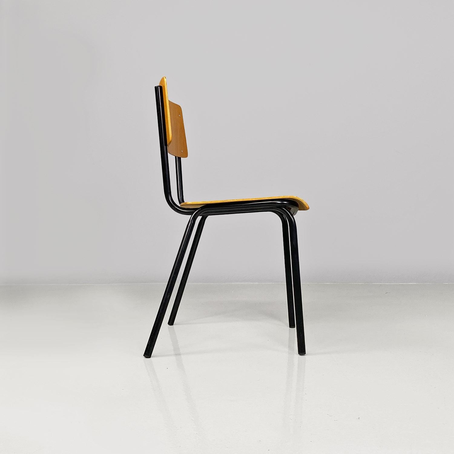 Mid-20th Century Italian mid-century modern beech and black tubolar metal school chairs, 1960s For Sale