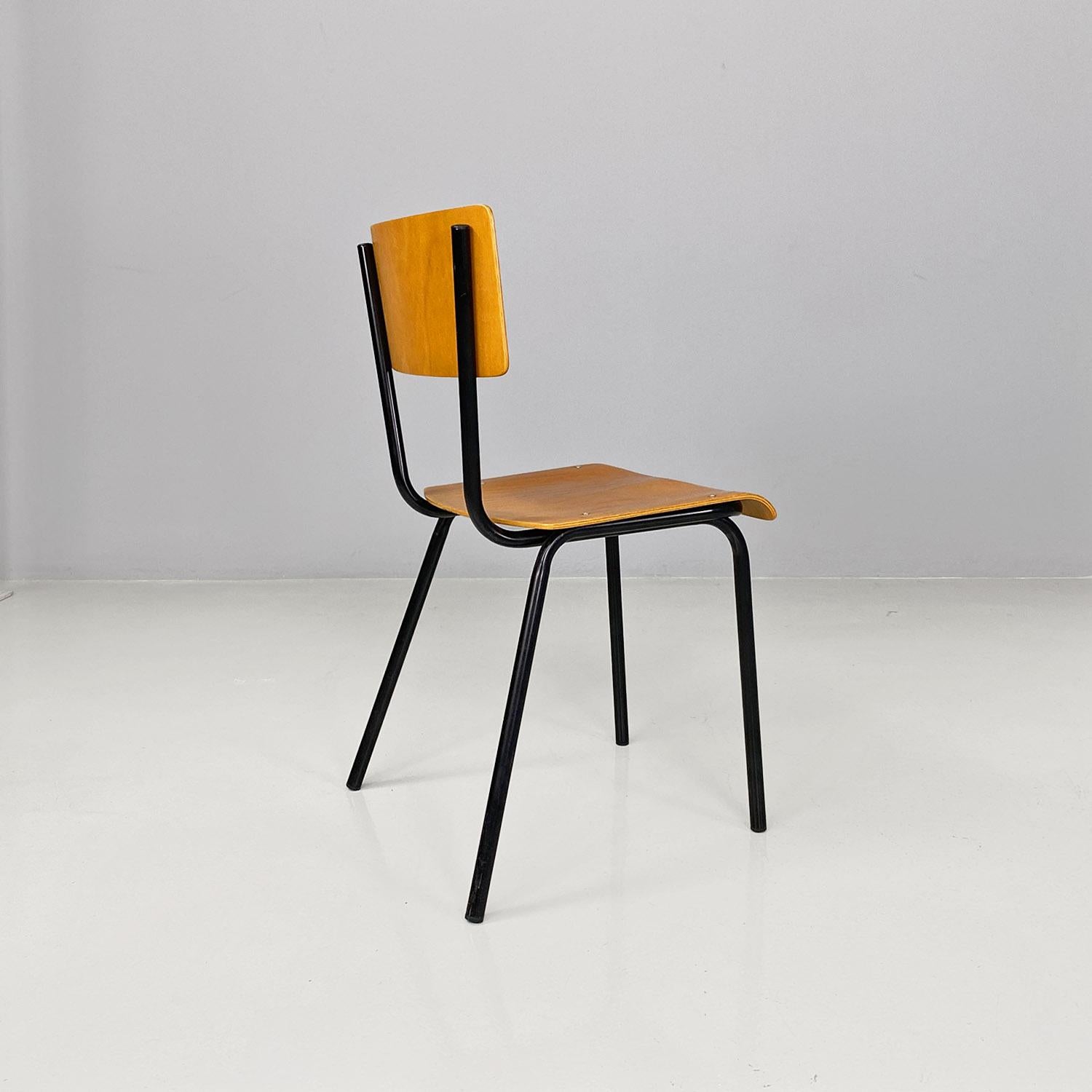 Beech Italian mid-century modern beech and black tubolar metal school chairs, 1960s For Sale