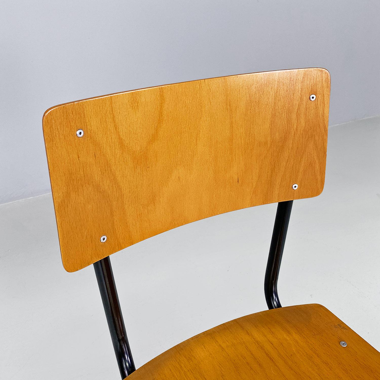Italian mid-century modern beech and black tubolar metal school chairs, 1960s For Sale 1