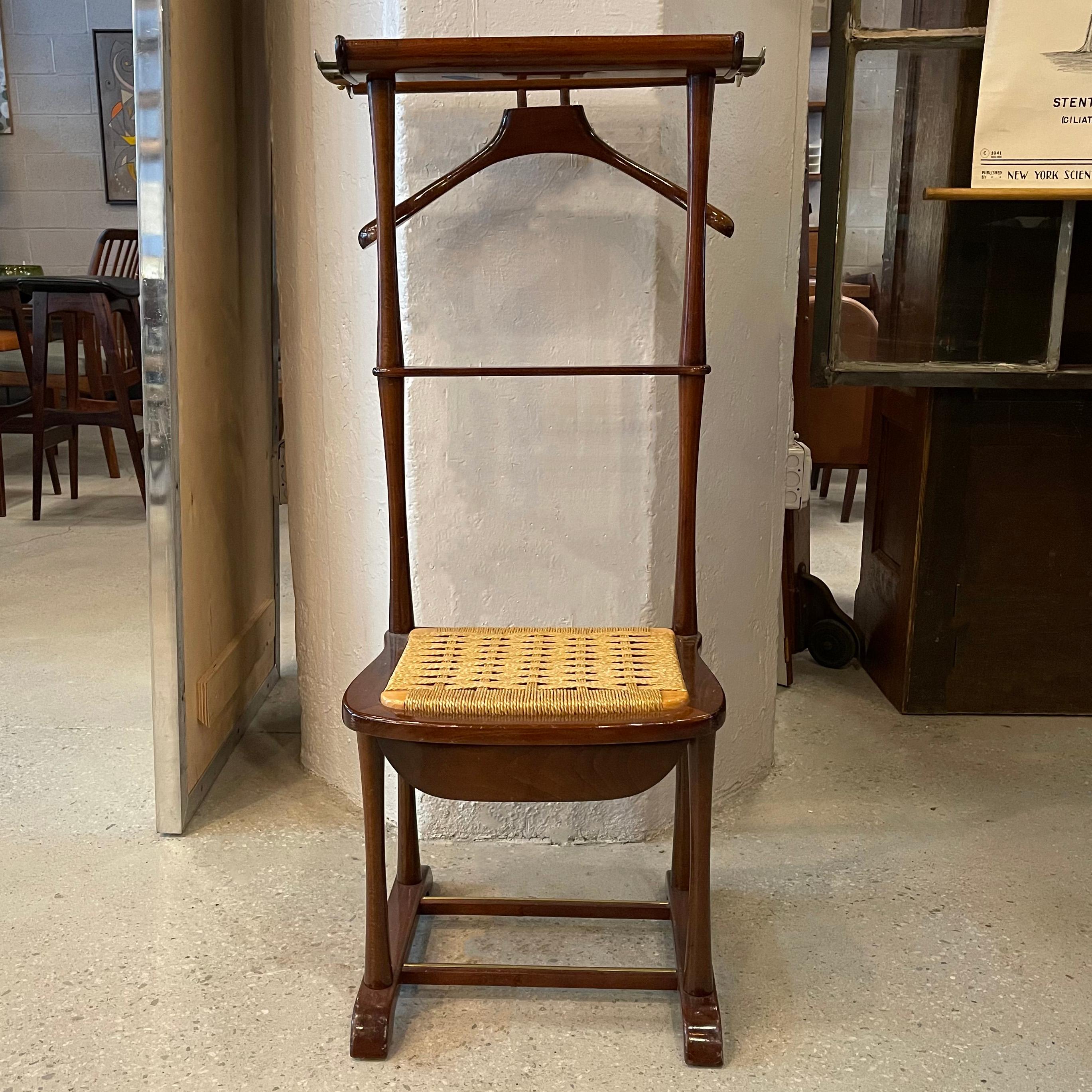 Italian, Mid-Century Modern, birch clothing stand, valet chair by SPQR features a woven rattan seat with drawer, tray top and removable hanger. The seat height is 16 inches.