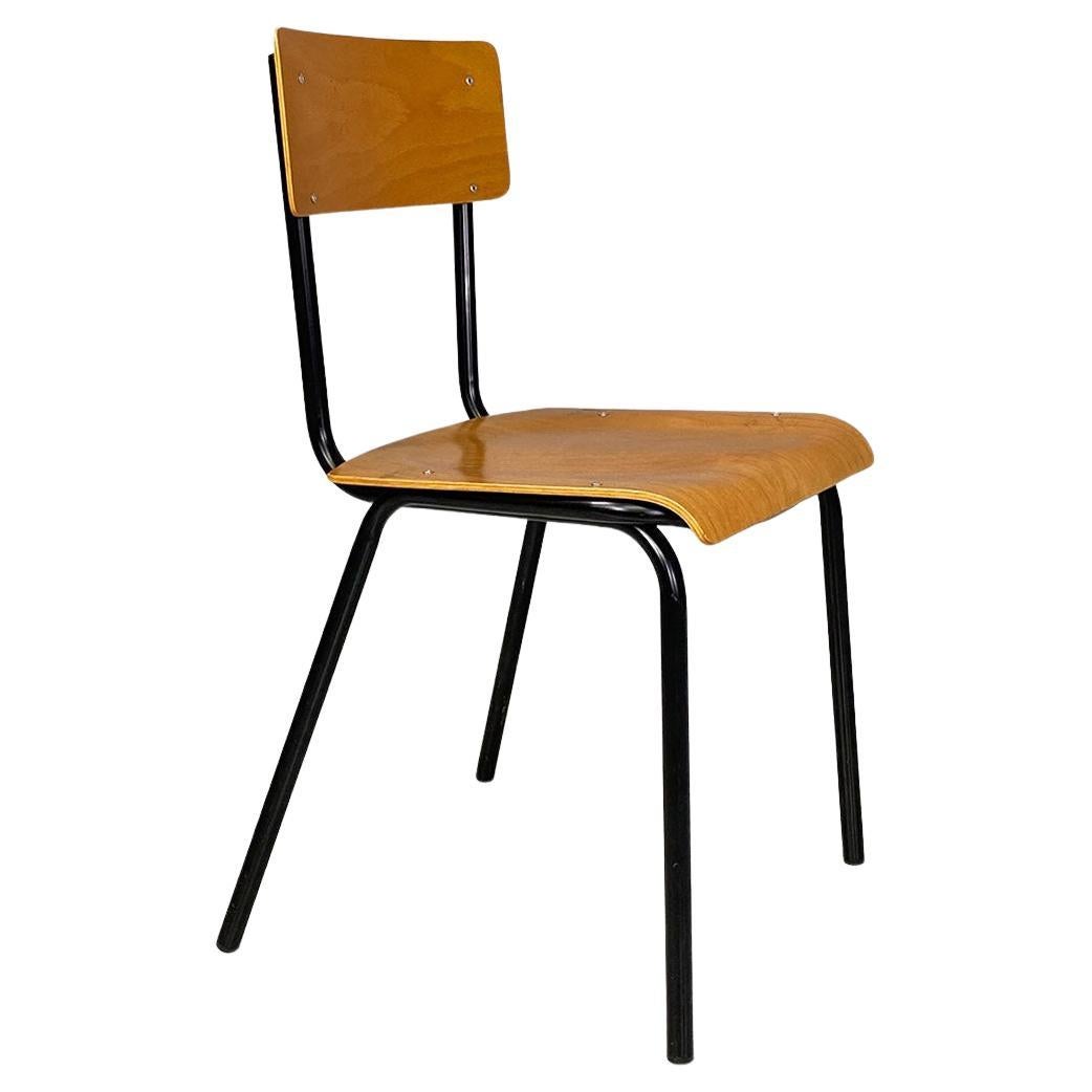 Italian mid century modern beech wood and black metal school chair, 1960s