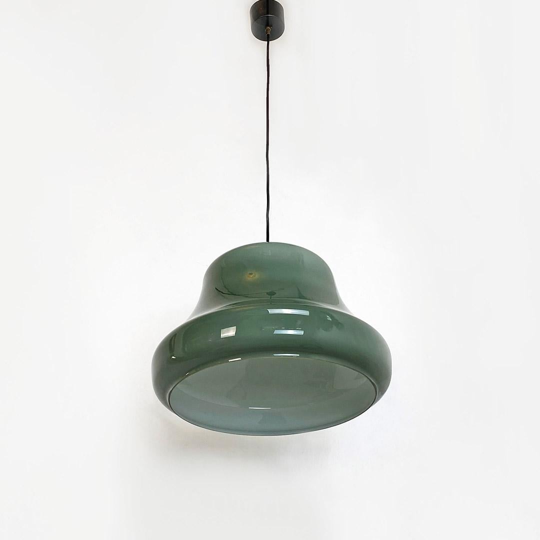 Italian Mid Century Modern Bell Shaped Grey-Green Double Glass Chandelier, 1960s In Good Condition In MIlano, IT