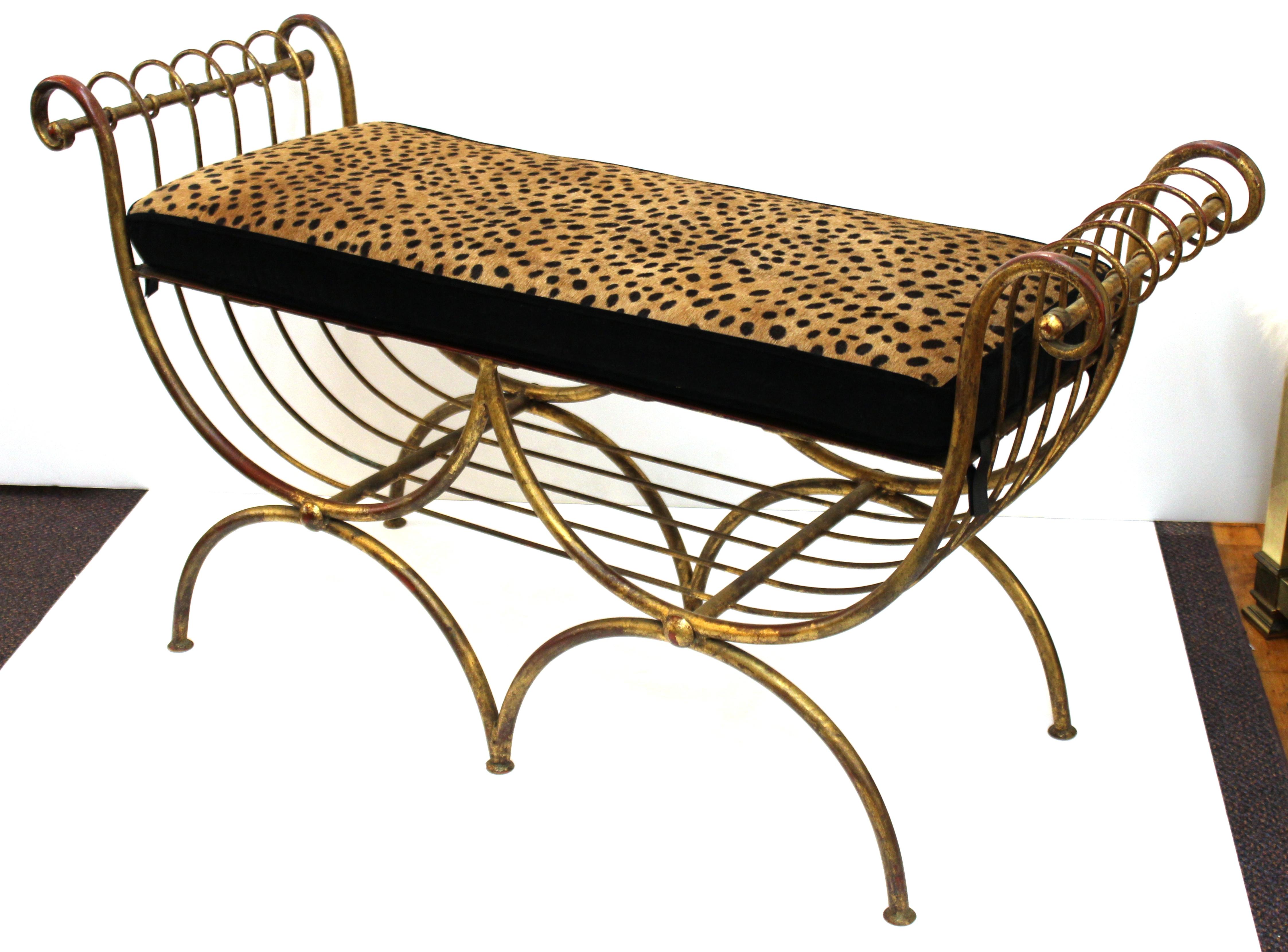 Mid-20th Century Italian Mid-Century Modern Bench in Gilt Iron with Faux Leopard Leather Seat