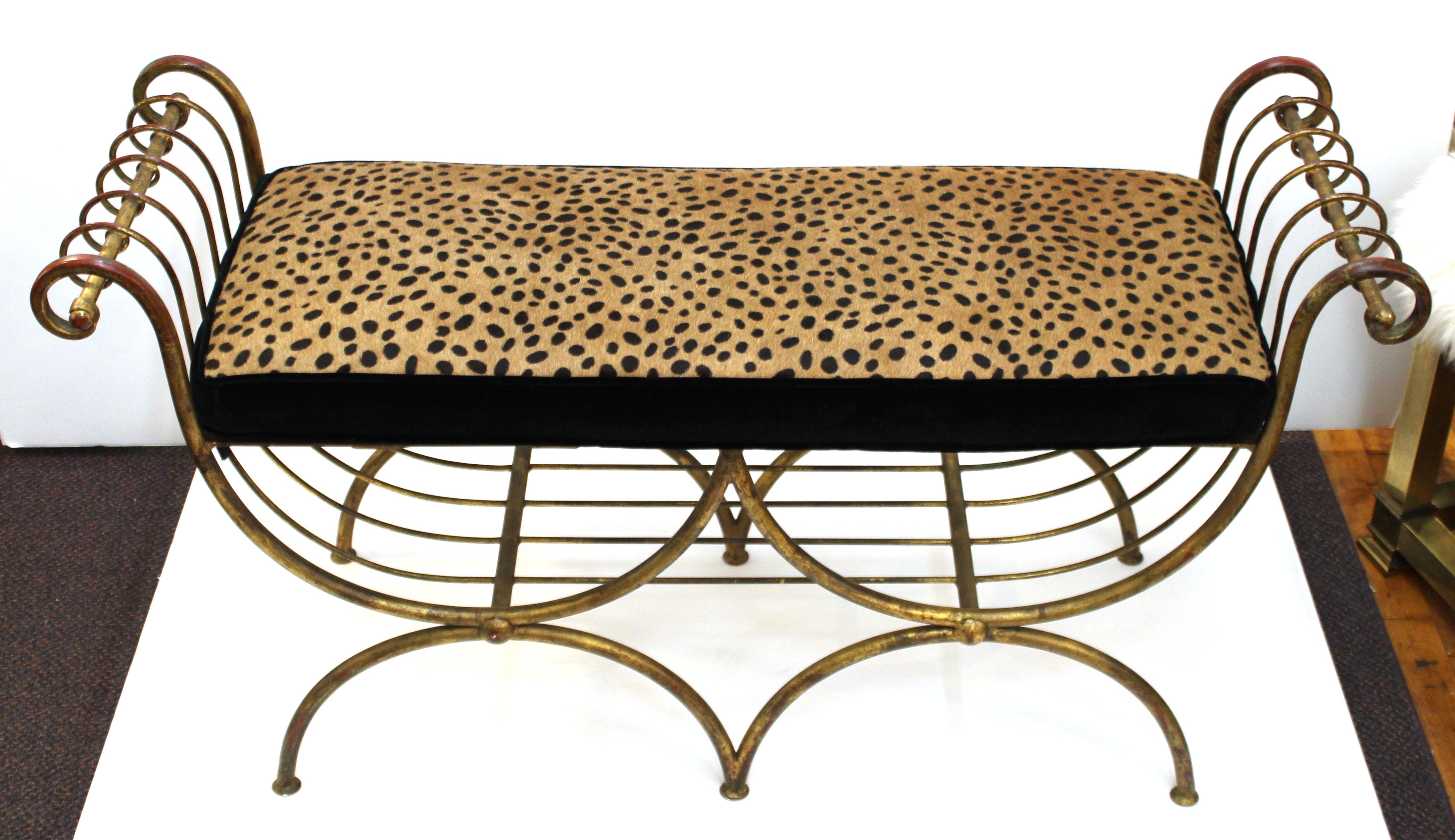 Italian Mid-Century Modern Bench in Gilt Iron with Faux Leopard Leather Seat 1