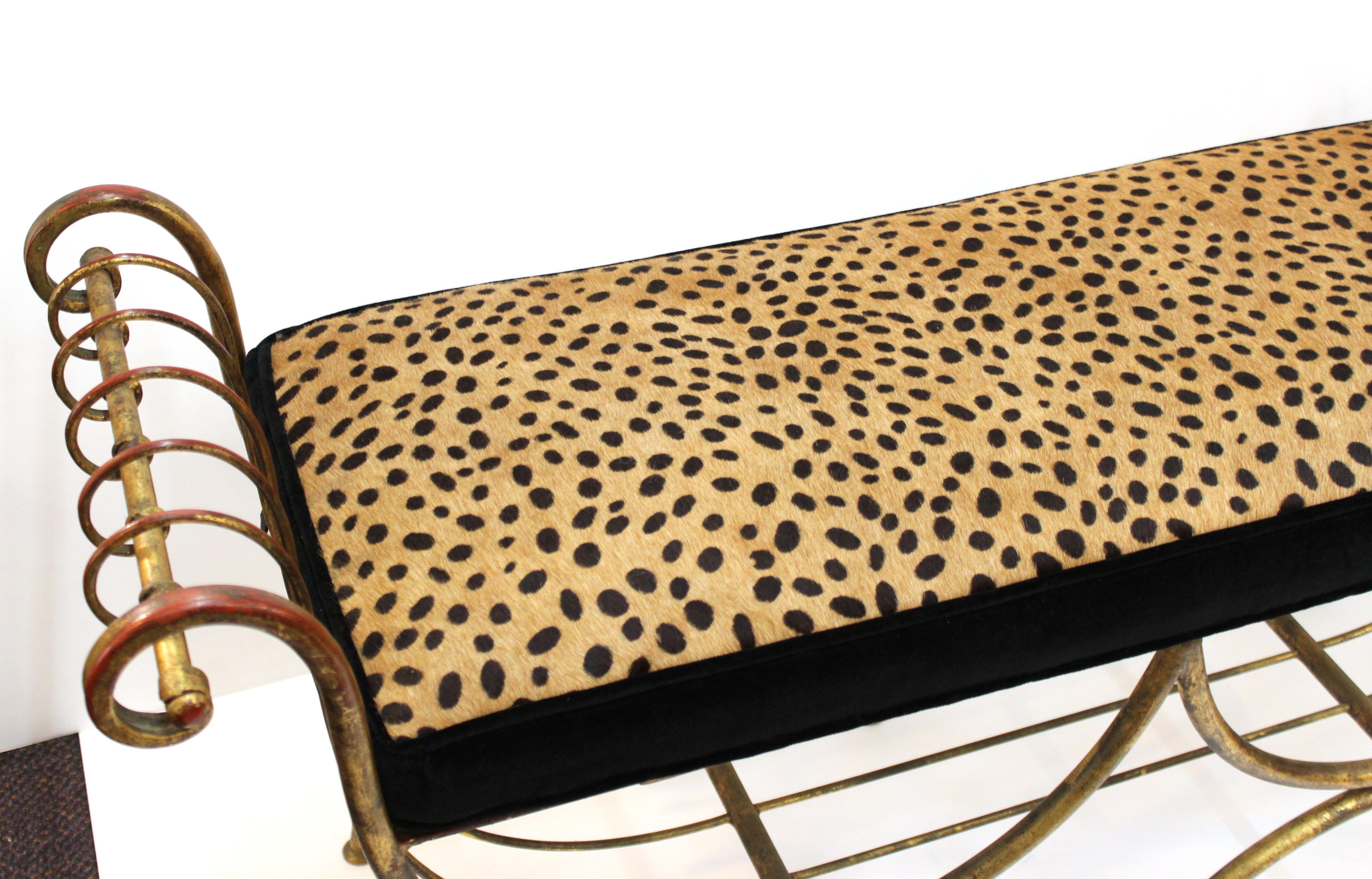 Italian Mid-Century Modern Bench in Gilt Iron with Faux Leopard Leather Seat 2