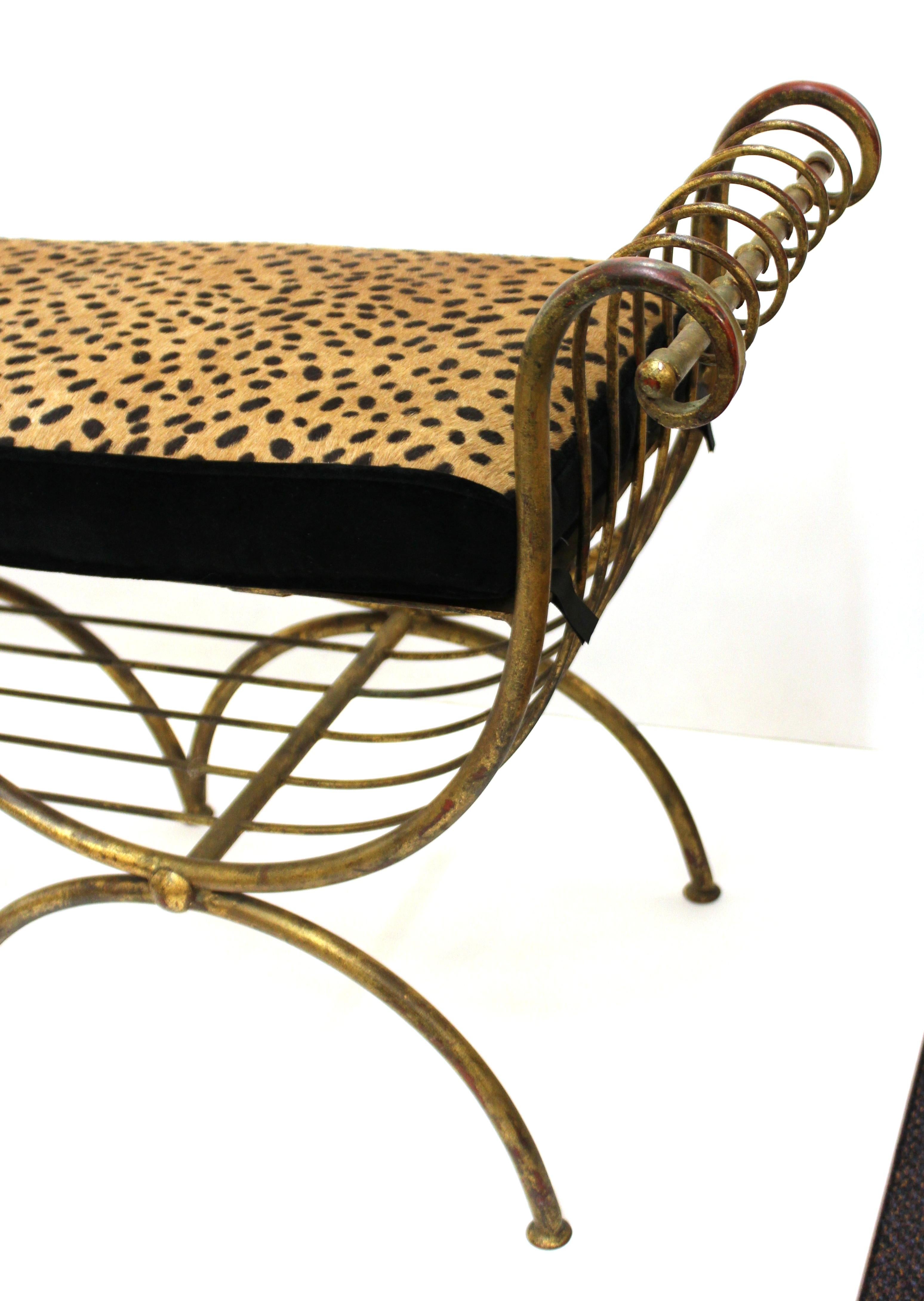 Italian Mid-Century Modern Bench in Gilt Iron with Faux Leopard Leather Seat 3