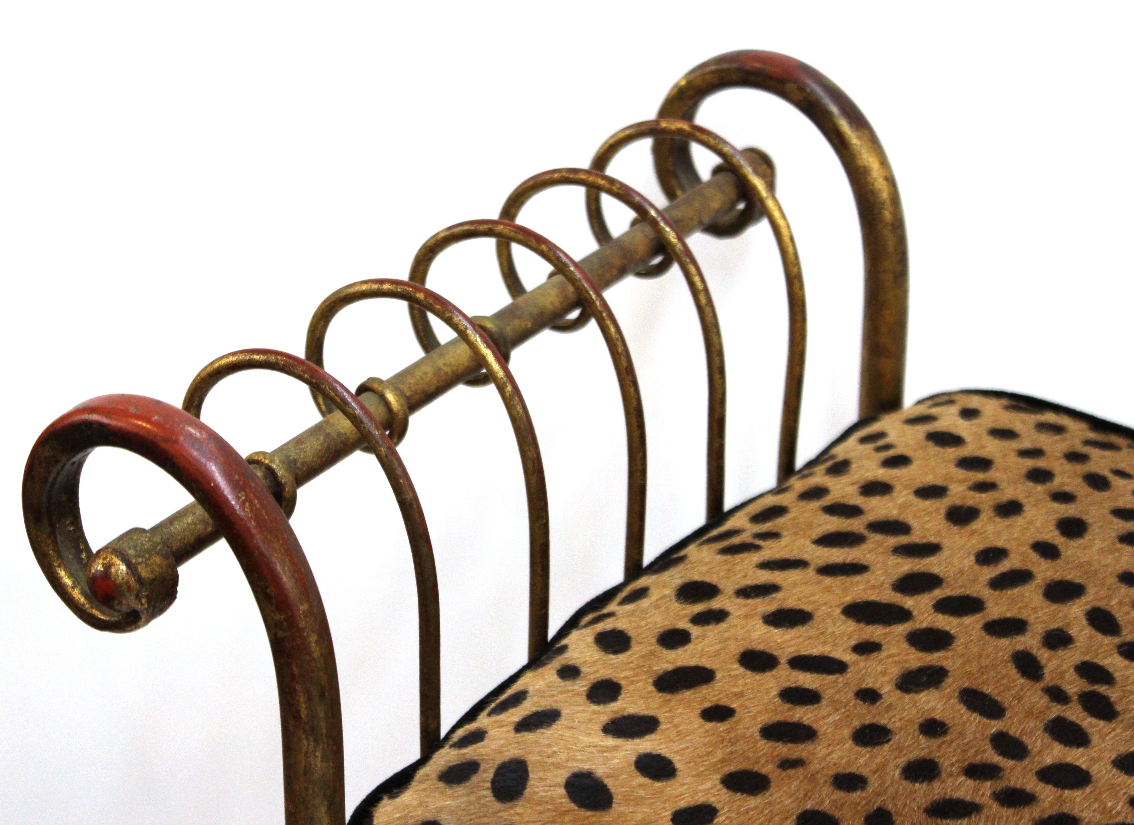 Italian Mid-Century Modern Bench in Gilt Iron with Faux Leopard Leather Seat 5