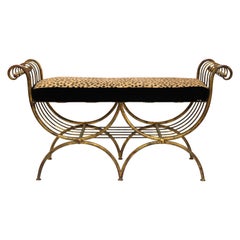 Italian Mid-Century Modern Bench in Gilt Iron with Faux Leopard Leather Seat