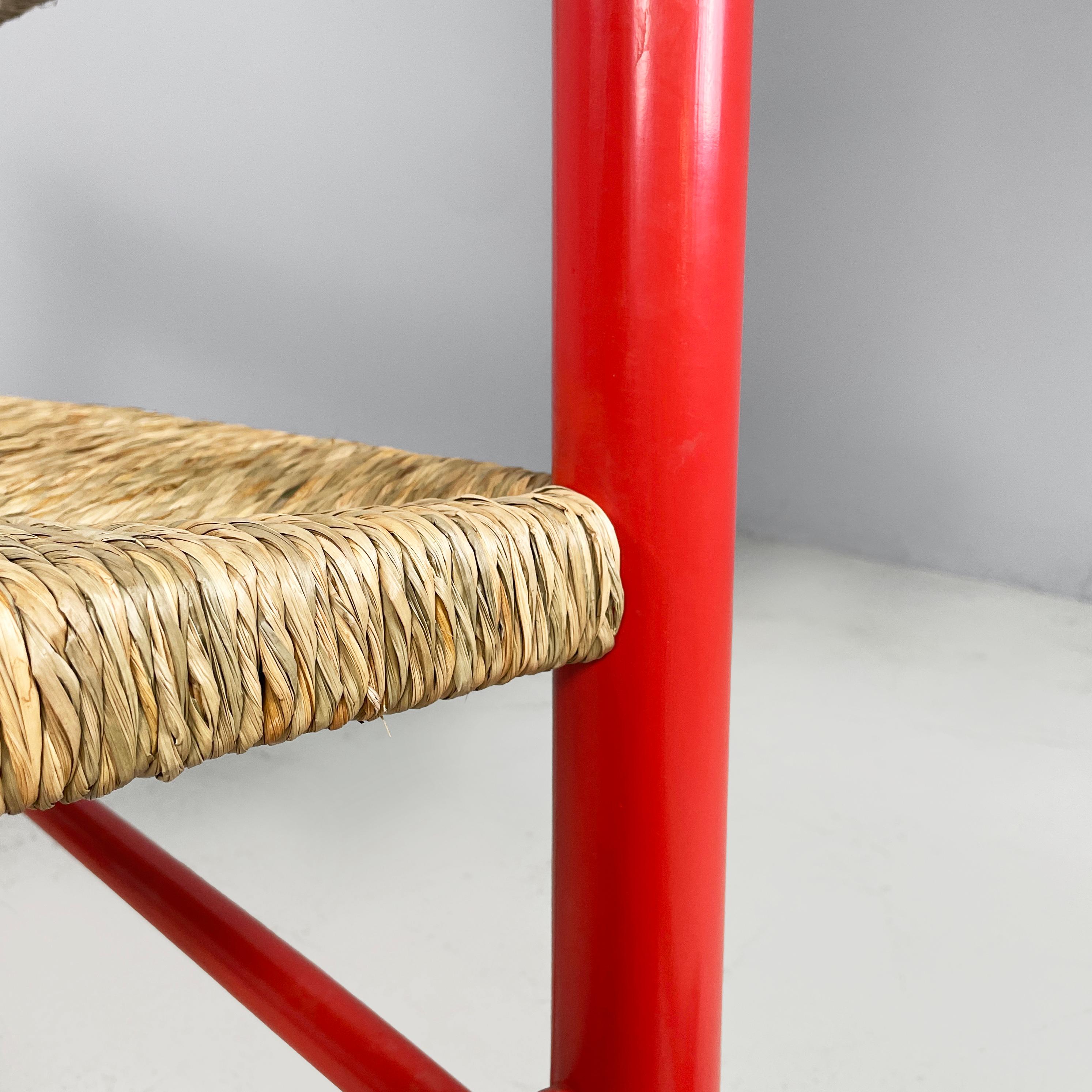 Panchina italiana di metà secolo in legno rosso e paglia, anni '70 in vendita 3