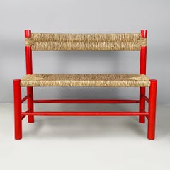 Italian mid-century modern Bench in red wood and straw, 1970s