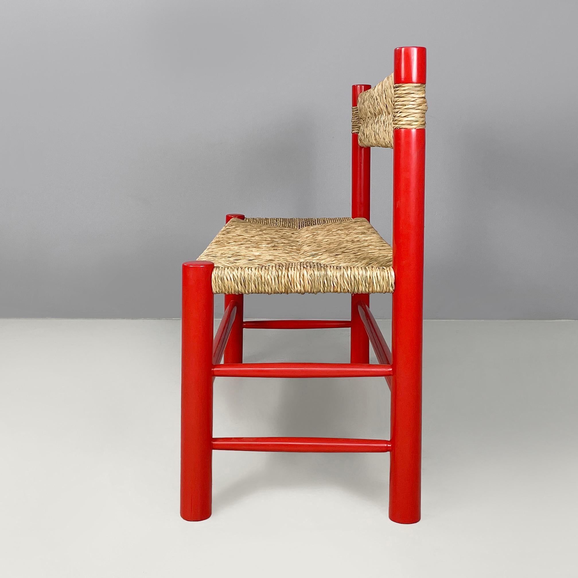 Mid-Century moderno Panchina italiana di metà secolo in legno rosso e paglia, anni '70 in vendita